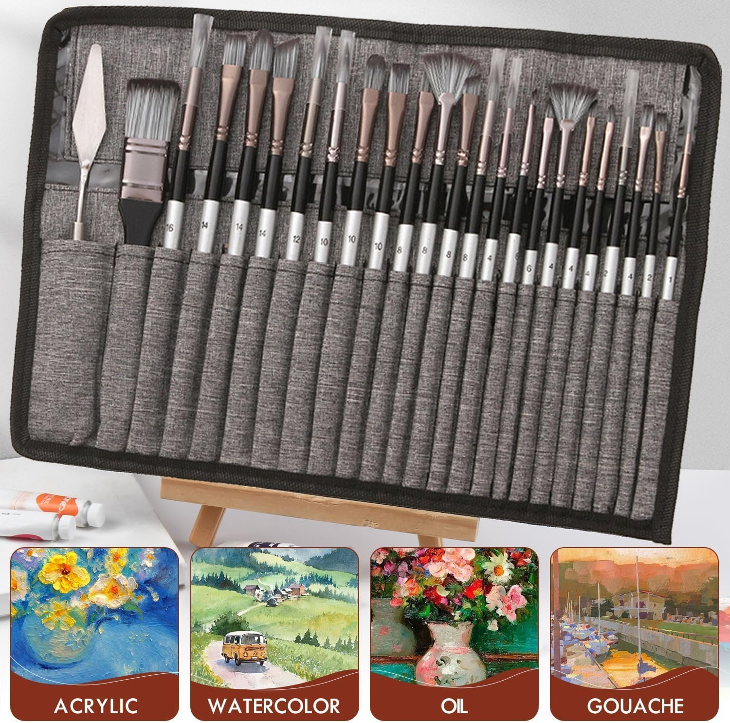 24 Pcs Paint Brush Set,Acrylic Paint Brush Set, Enhanced Synthetic Brush with Canvas Roll and Palette Knife for Acrylic, Oil, Watercolor and Gouache Painting image number 1