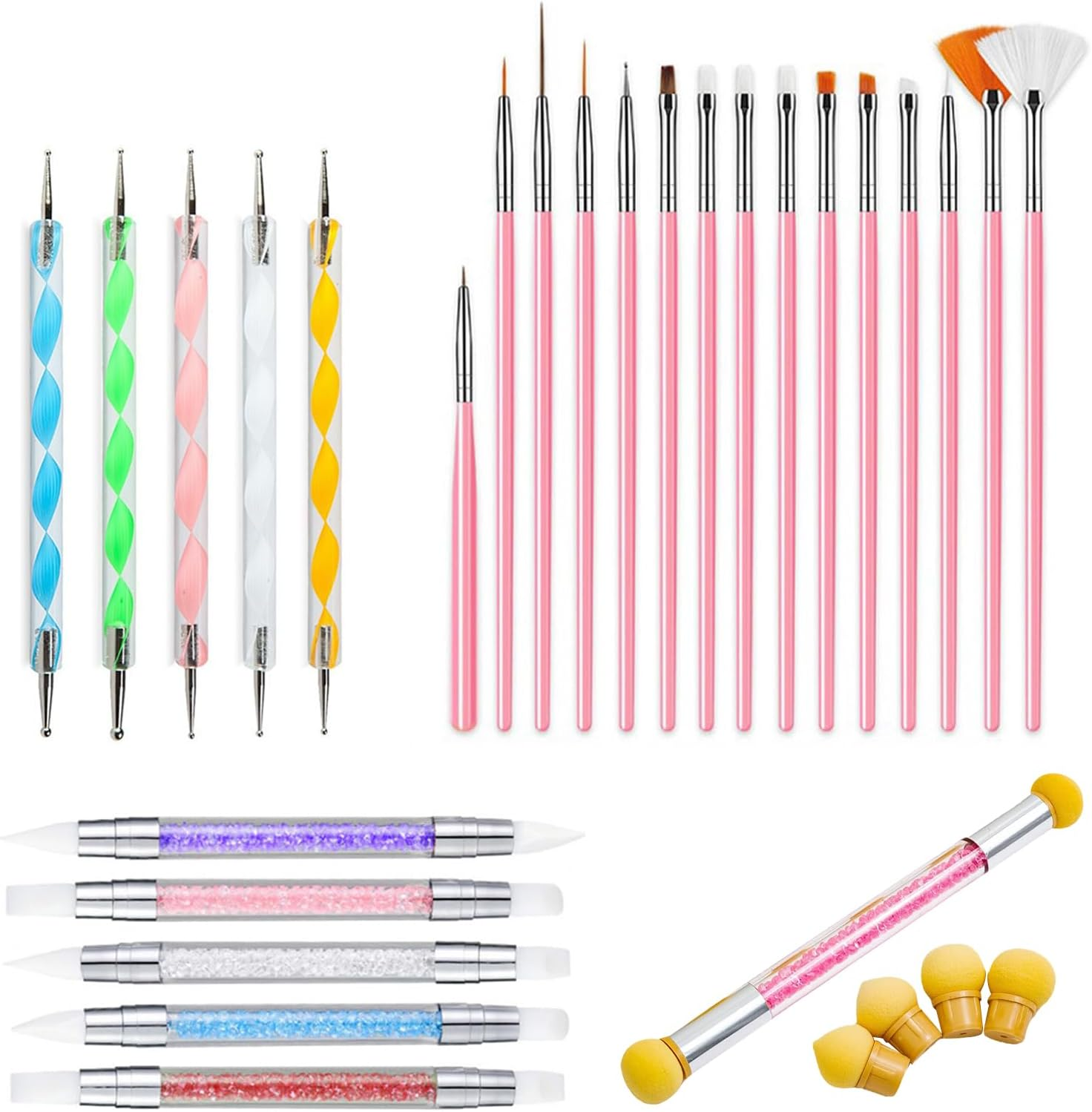 BDSHUNBF 26 Piece Nail Brush Set Dotting Tools Double Head Silicone Nail Brush Nail Art Rendering Tools Including 4 Replacement Heads, Gel Carving Brush Sponge Brush Applicator Manicure Tools image number 4