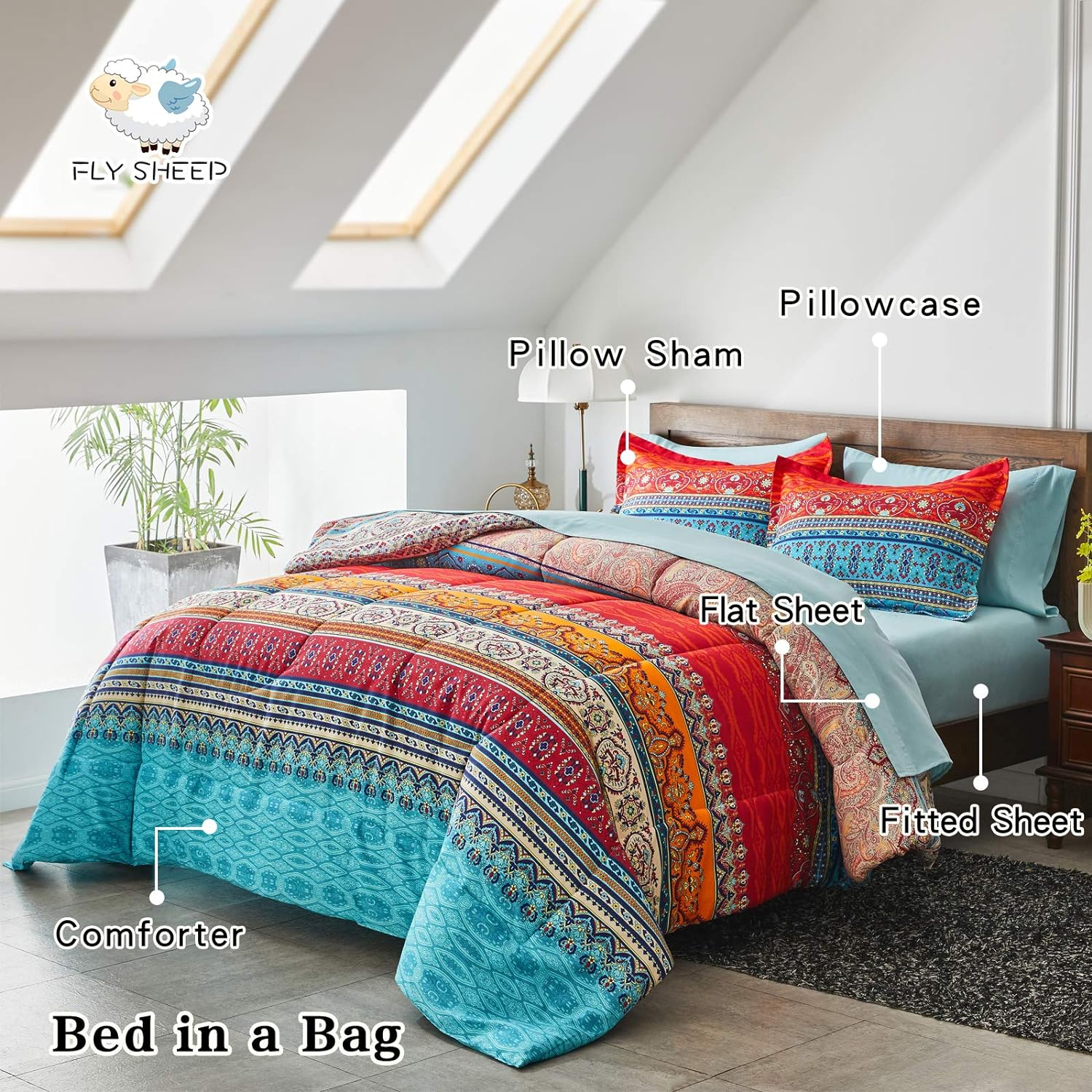 Flysheep Boho Striped Bed in a Bag 7 Pieces Queen Size, Colorful Bohemian Tribal Teal Blue Red Reversible Comforter Bed Set (1 Comforter, 1 Flat Sheet, 1 Fitted Sheet, 2 Pillow Shams, 2 Pillowcases) image number 4