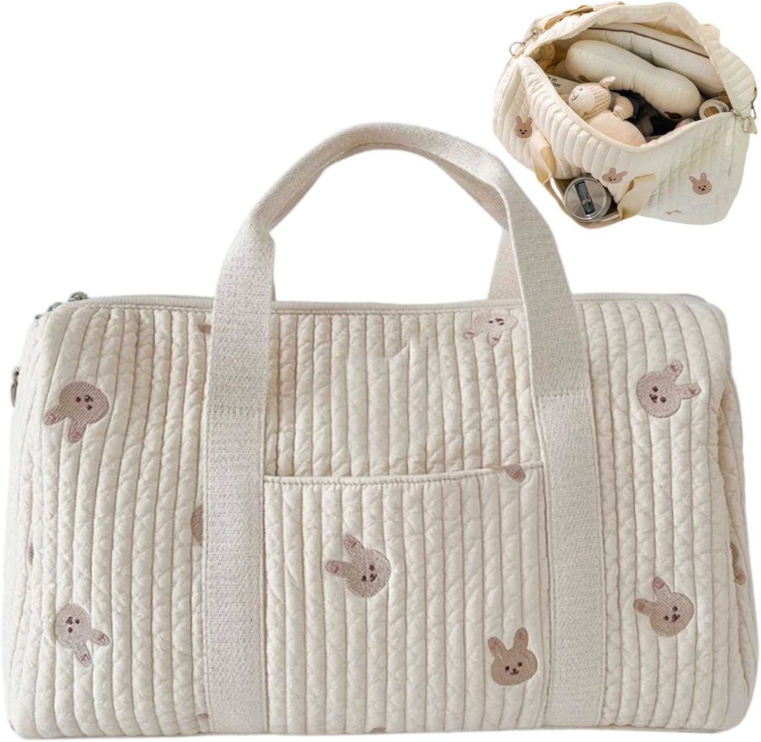 Diaper Bag, Crossbody/Tote Cute Cotton Quilted Duffle Bag with Removable Strap, Large Capacity for Walking Shopping Picnics Travel, Diaper Tote image number 4