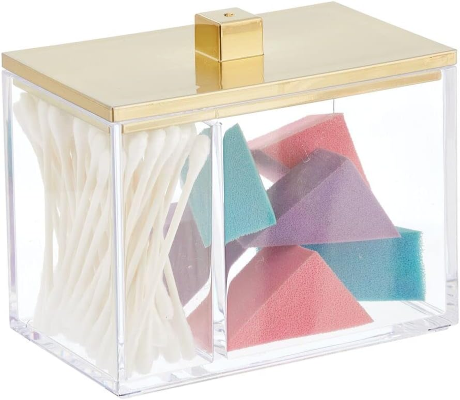 Mdesign Modern Square Bathroom Vanity Countertop Storage Organizer Canister Jar for Cotton Swabs, Rounds, Balls, Makeup Sponges, Bath Salts - 2 Divided Sections - Clear/Soft Brass