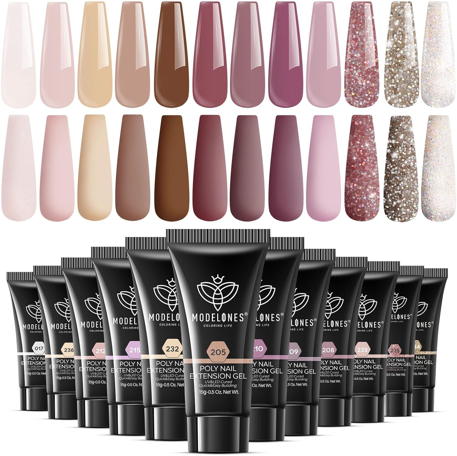 Modelones Poly Extension Gel Kit for Nail, 12 Colors Pink Glitter Nude Tones Poly Nail Gel Set French Manicure DIY Design Nail Art Home Salon Gifts image number 1