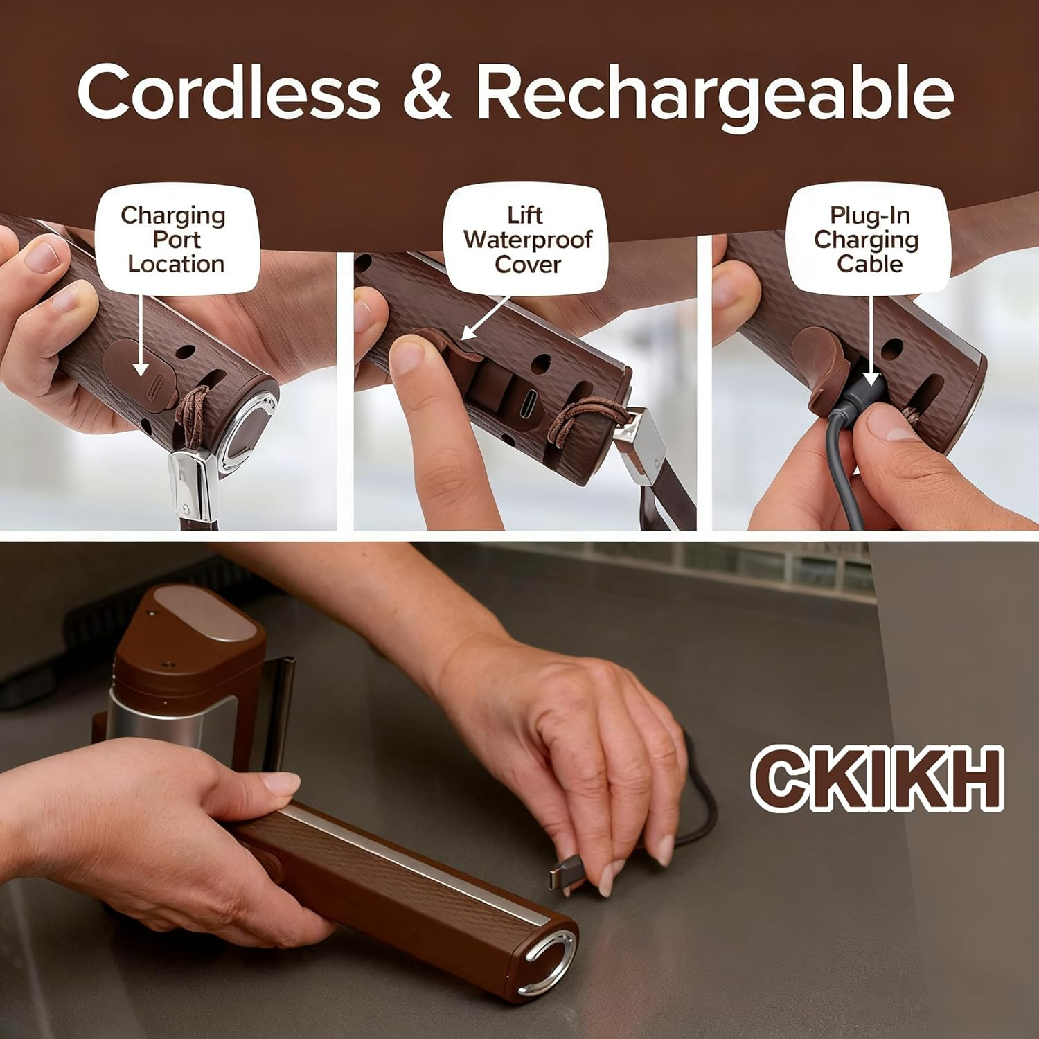 Electric BBQ Grill Cleaning Brush Cordless Electric Barbecue Brush with LED Light Detachable 350 RPM Stainless Steel Barrel Rotating Brush Drum for Outdoor Barbecuing (Brown) image number 5