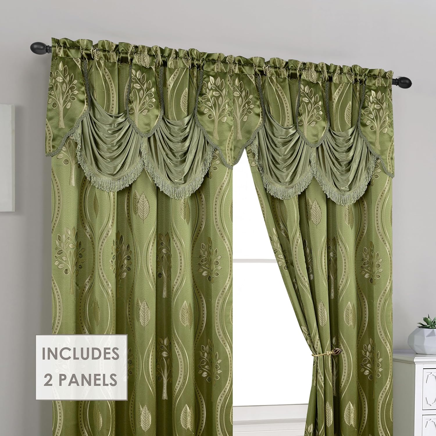 Elegant Comfort Aurora Jacquard Look Curtain Panel Set with Attached Valance 54" X 84 Inch (Set of 2), Sage image number 5