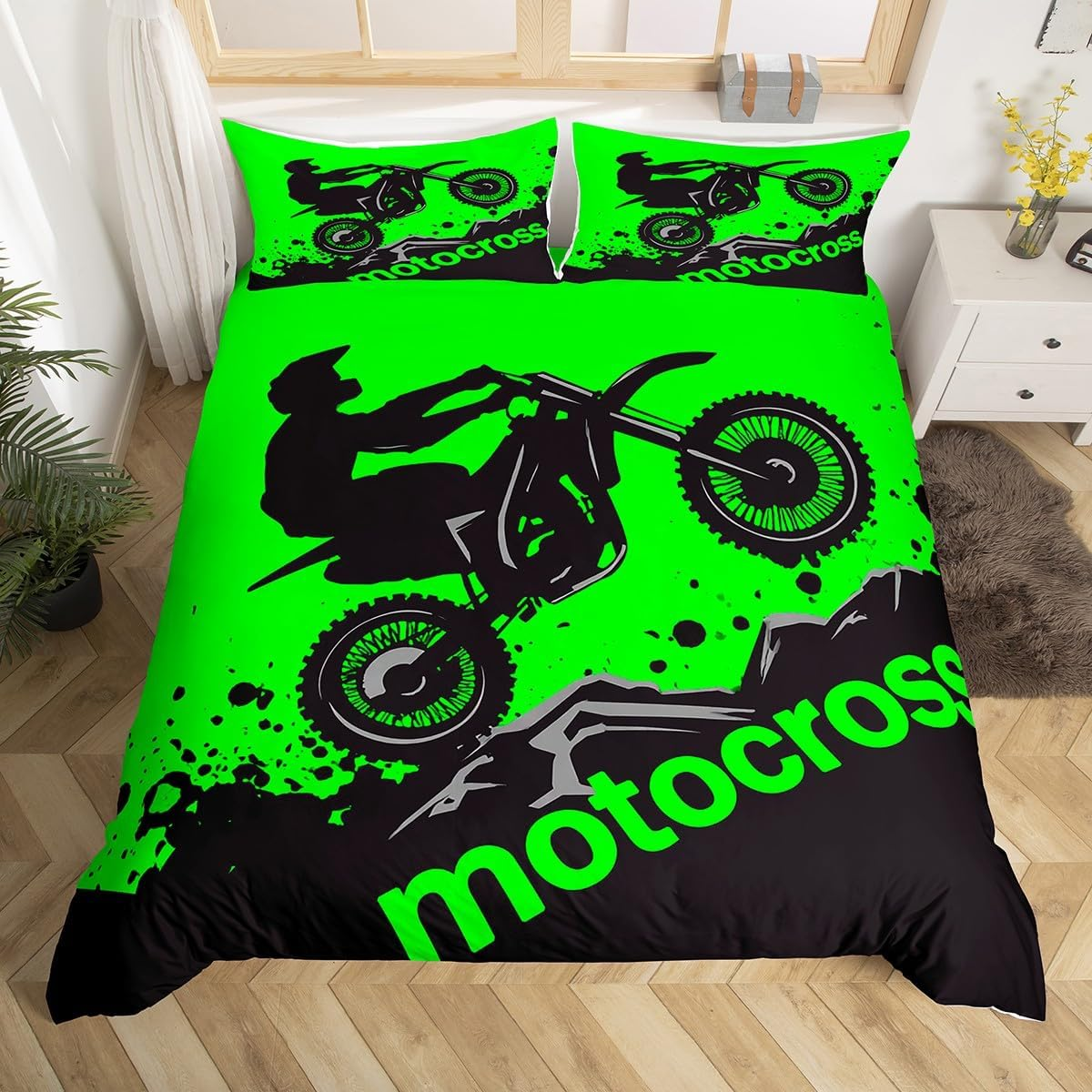 Dirt Bike Bedding Set Full Size Extreme Sports Comforter Cover Set for Boys Teens Racing Motocross Rider Duvet Cover Breathable Motorcycle Bedspread Cover Room Decor Green Black Quilt Cover