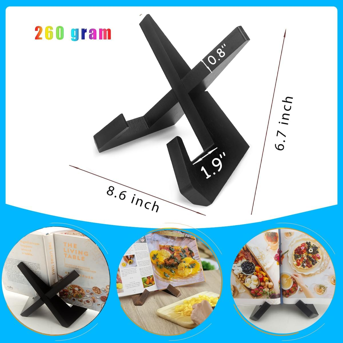 Wooden Recipe Book Holder, Retro Plate Stand for Display, Country Rustic Wooden Cookbook Stand, Cook Book Stand for Kitchen Countertop, Multifunctional Display Stand (1 in Black) image number 1