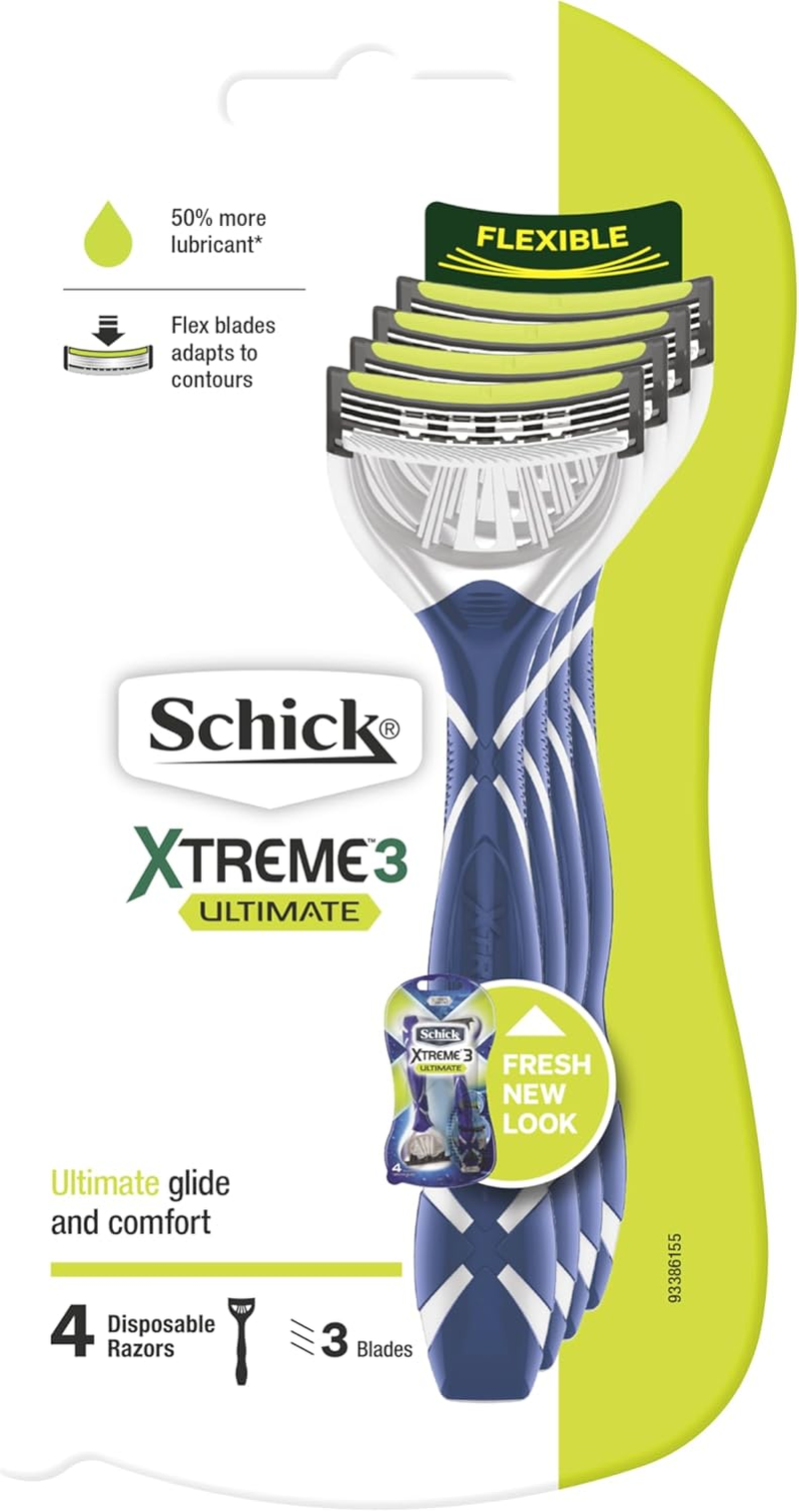 Schick - Xtreme 3 Ultimate for Men, Disposable Razors, 4 Pack, Vitamin E, Aloe and Shea Butter, 3 Blade Cartridges, Fully Flexible Blade