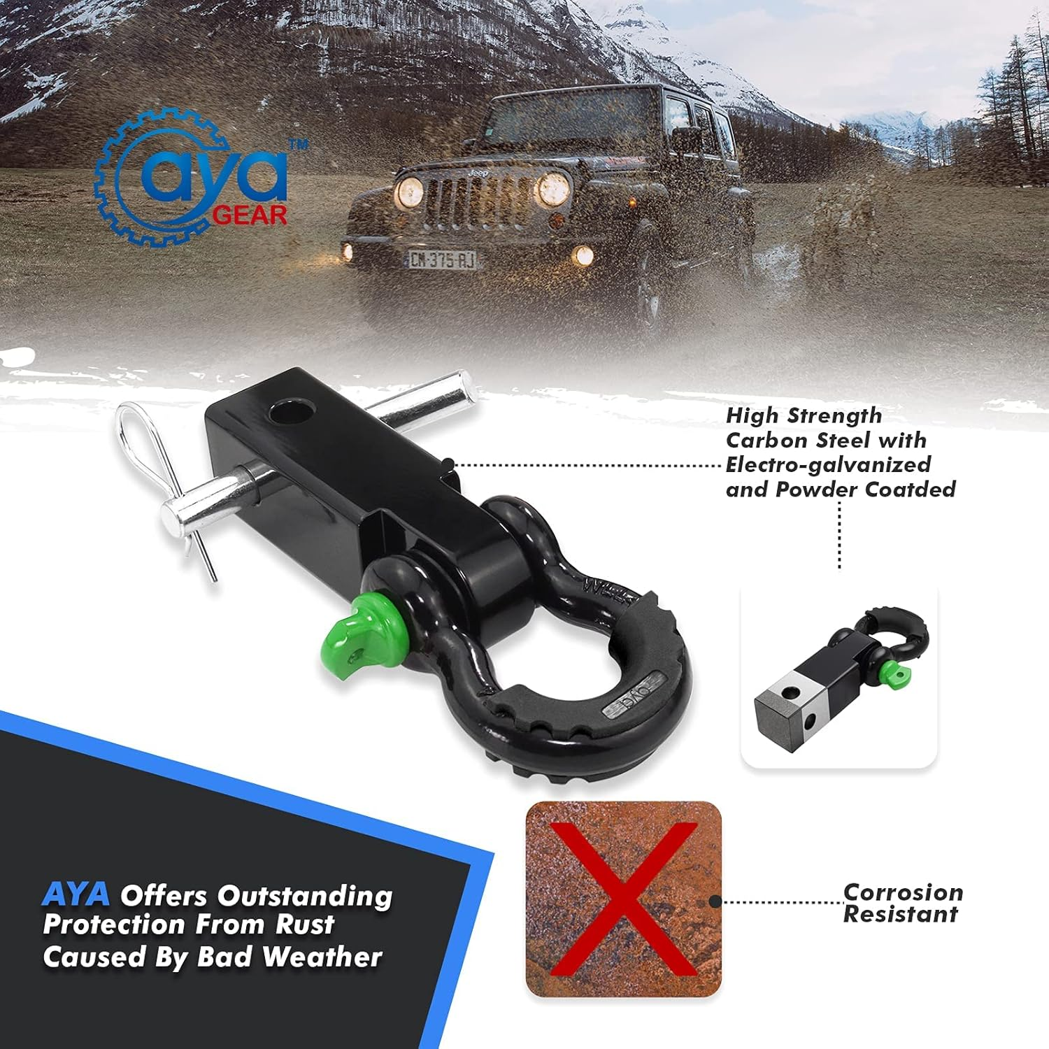 Aya Gear Shackle Hitch Receiver 2 Inch 35,000Lbs Break Strength Heavy Duty Receiver with 5/8" Screw Pin, 3/4 Shackle. Vehicle Recovery Off-Road, Towing Accessories Compatible Trucks Jeeps (Greenpin) image number 6