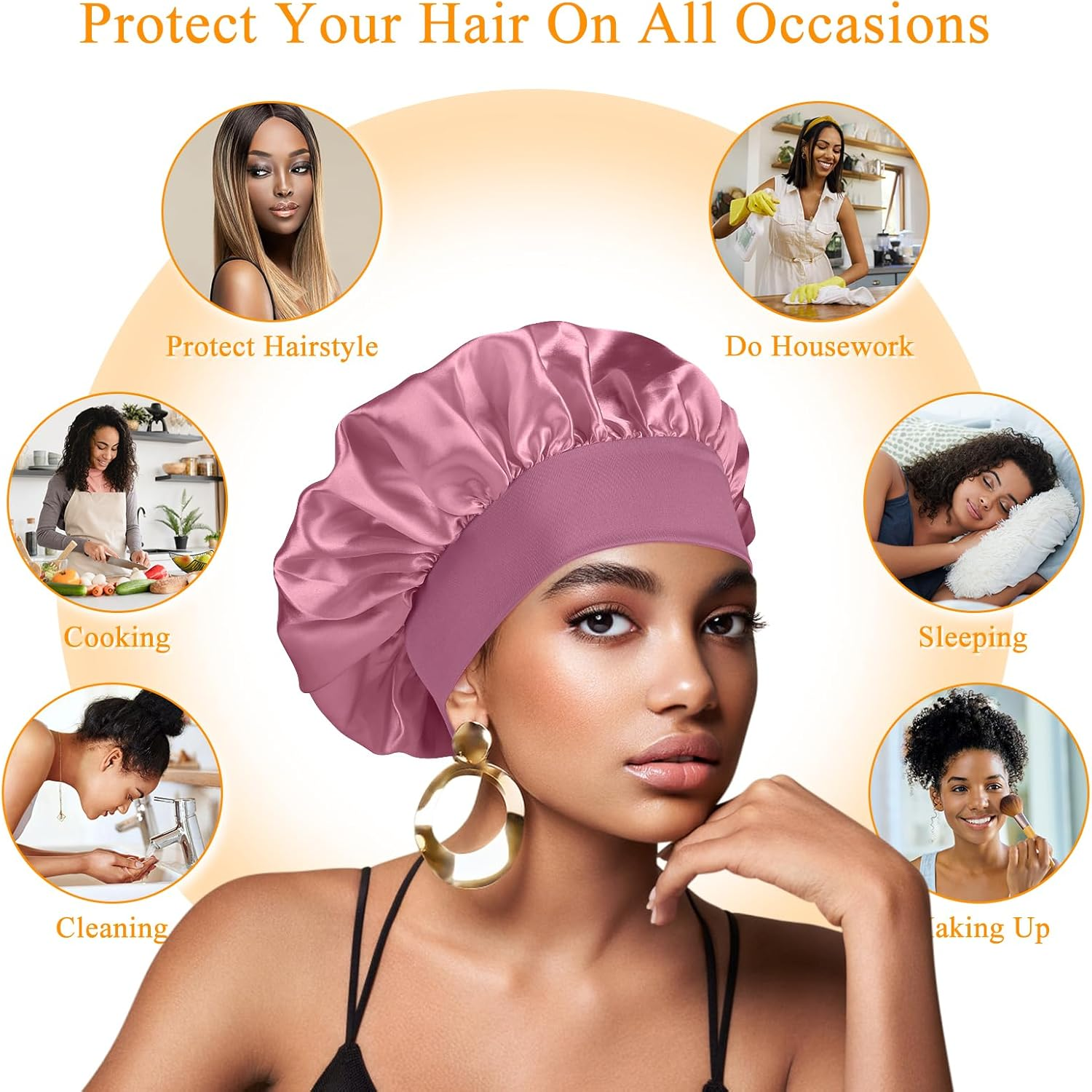 Silk Hair Bonnet Sleeping Bonnet Hair Wrap Wide Elastic Band Satin Cap for Women Men Elastic Soft Cap Headwear - Pink image number 7