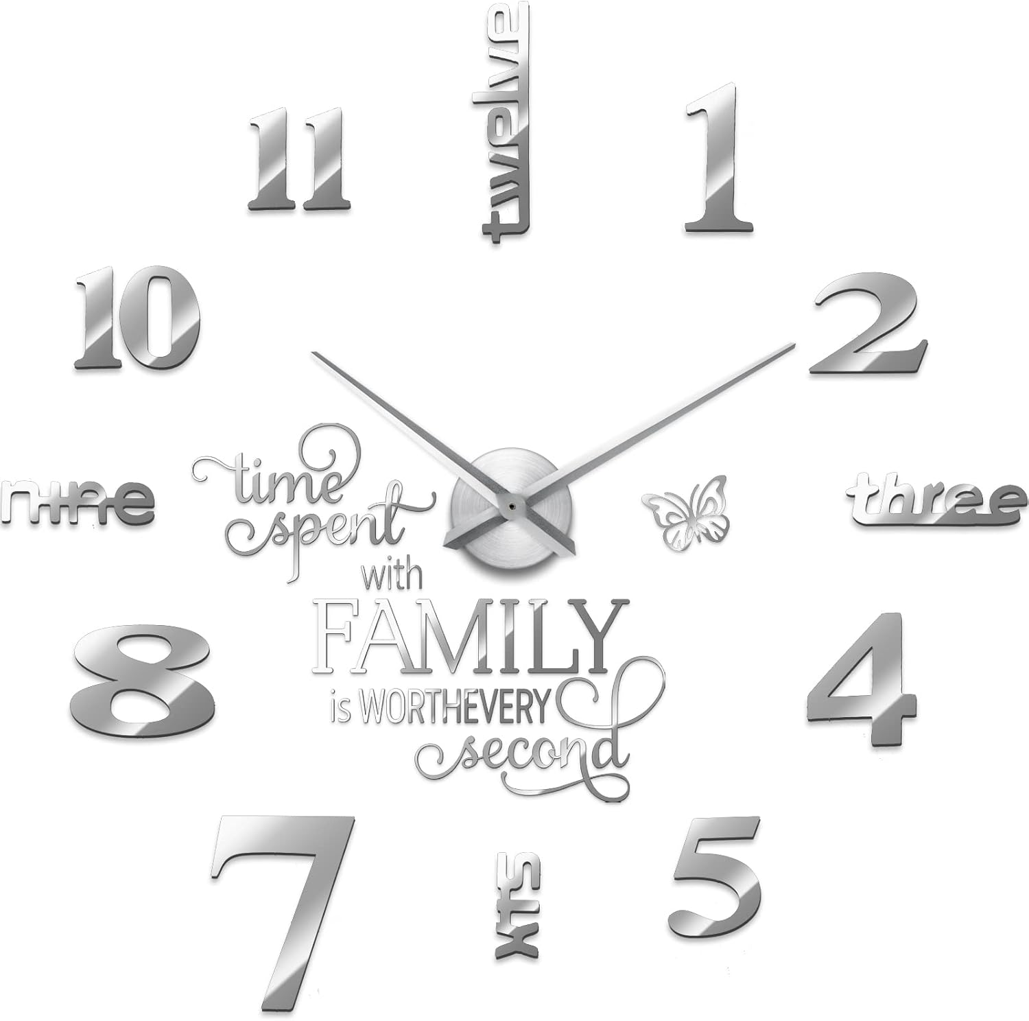 Junkin 3D Large Frameless DIY Wall Clock,Modern Decor Family Quote Wall Stickers Clock Kit for Home Living Room Bedroom Office Wall Decorations Adjustable Size (Silver)