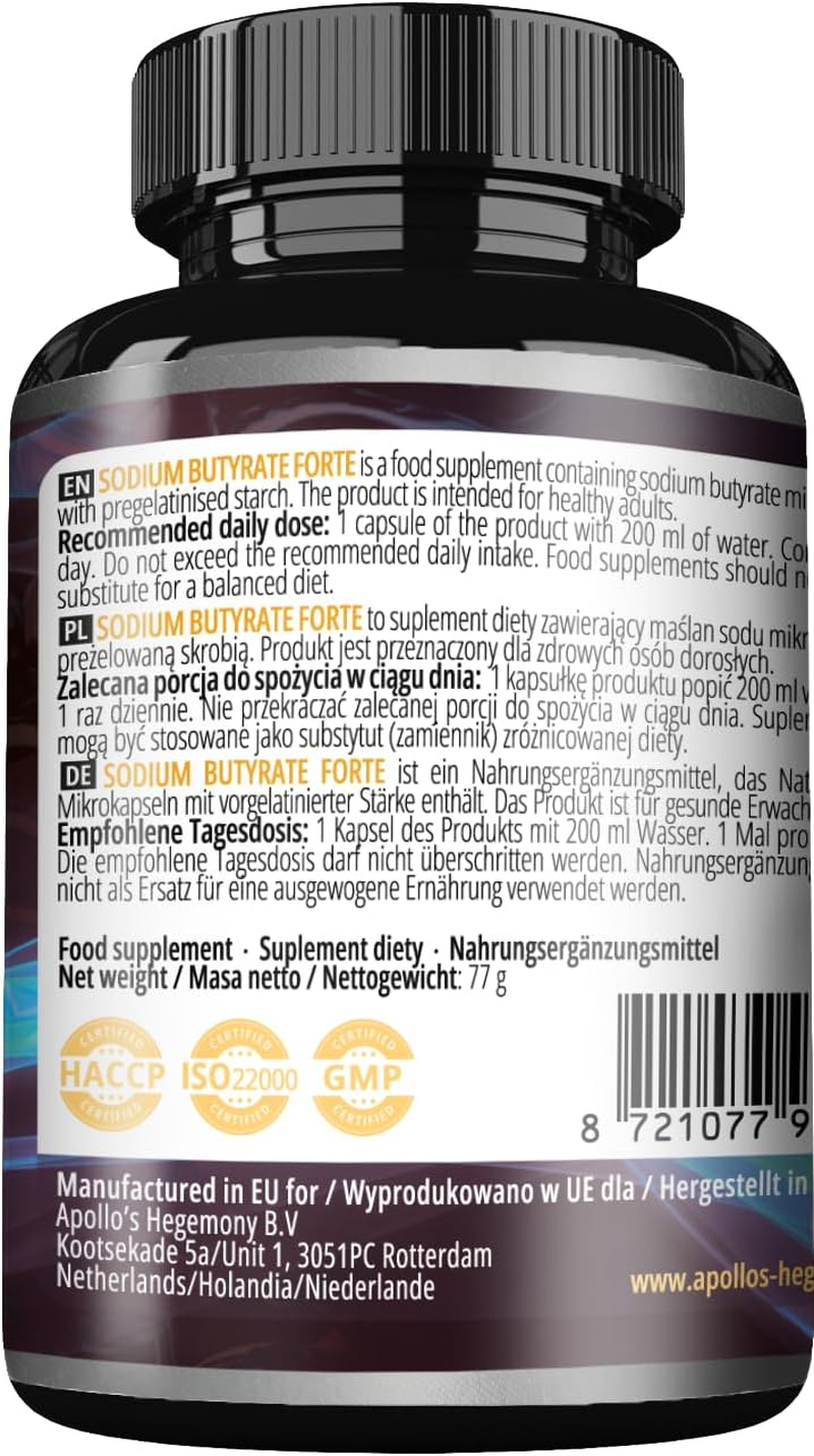 Sodium Butyrate Forte 400Mg - 100 Vegan Capsules - 100 Day Supply - Supplement to Support Overal Gut Health - by Apollo'S Hegemony