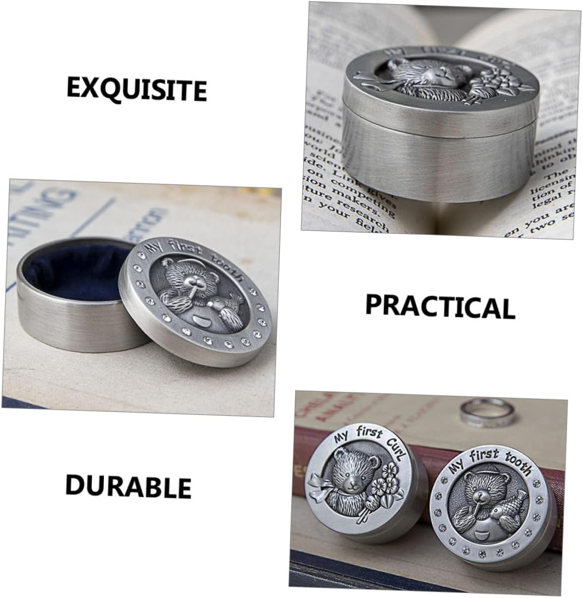 2Pcs Tooth Box Vintage Metal Keepsake Organizer for First Tooth Curl Storage Corrosion Resistant with Velour Lining Boys image number 5