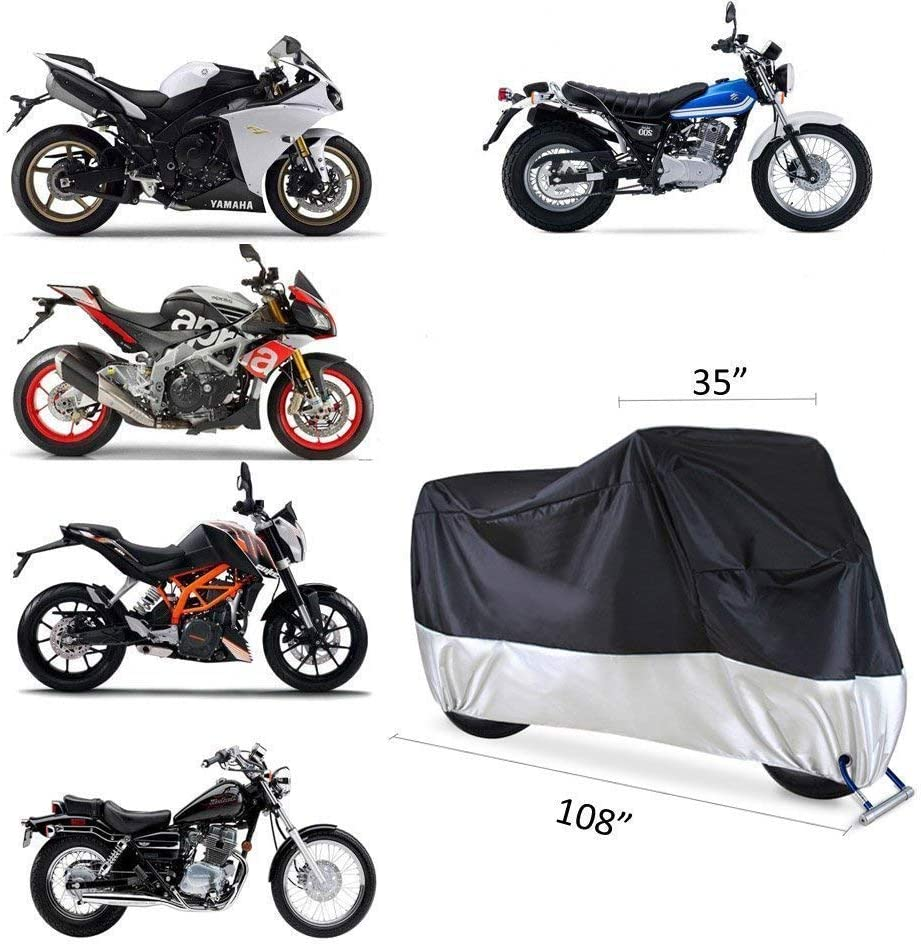 Motorcycle Cover, Ohuhu All Season Waterproof Snowproof Motorbike Covers with Lock Holes, Fits up to 108"/274Cm Motors Bikes Scooters for Honda, Yamaha, Suzuki, Harley, Kawasaki, Black-Silver image number 5