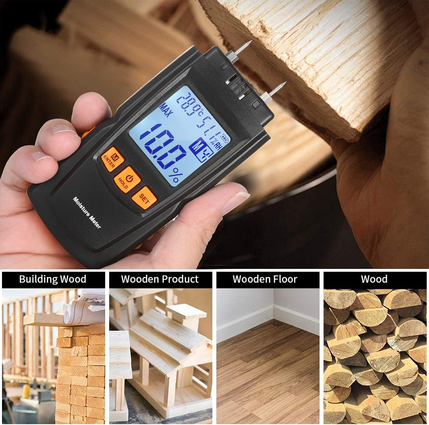 Viagasafamido Digital Wood Moisture Measuring Device, High-Precise Measurement of the Water Content, LCD Backlight, Wooden Floor Moisture Tester GM610, No Battery Shipping image number 3