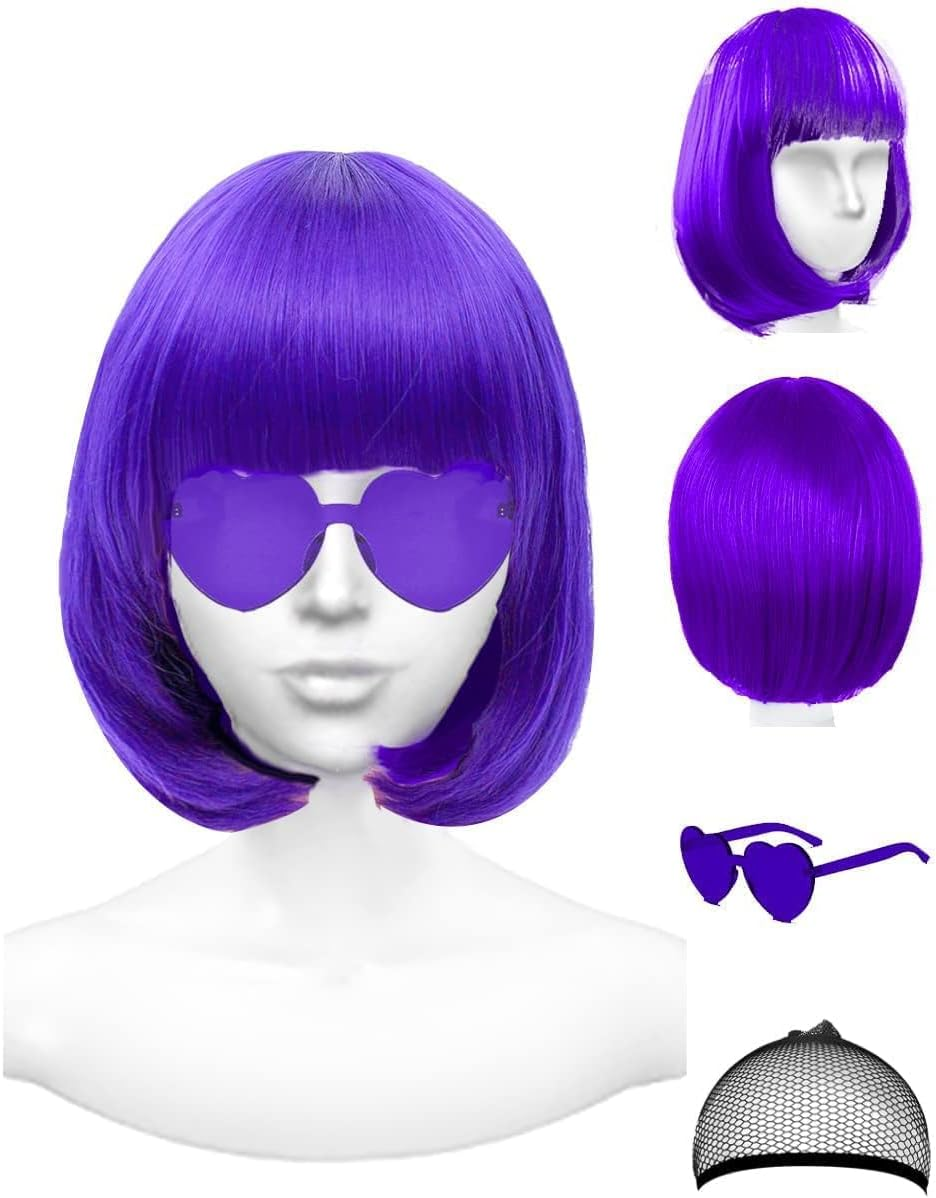 Wig and Party Sunglasses, Bob Wig with Bangs Light Pink Wigs for Women, Cosplay Party Wigs - Bachelorette Decorations Favors (Pink)