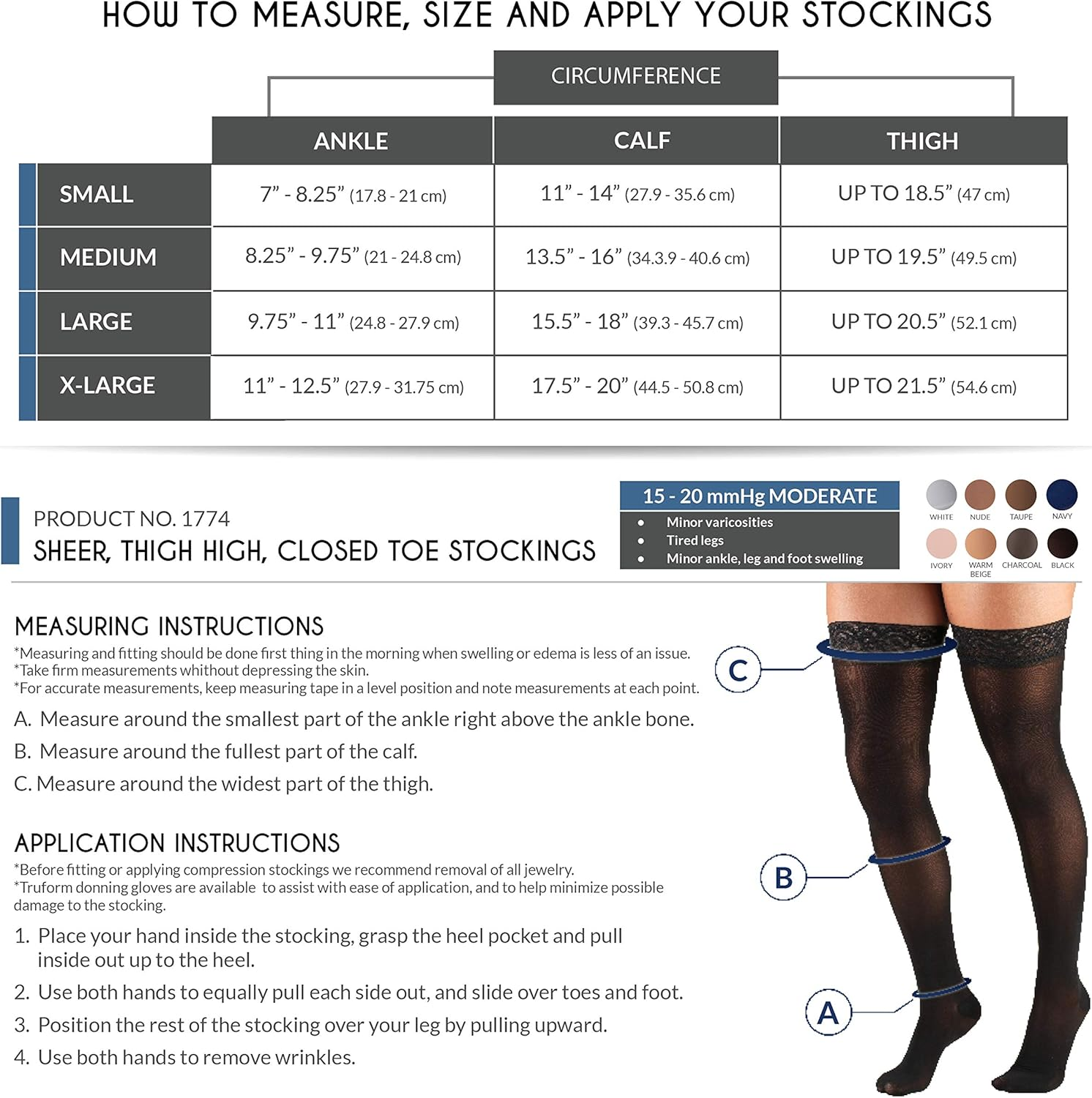 Truform Sheer Compression Stockings, 15-20 Mmhg, Women'S Thigh High Length, 20 Denier, Beige, Medium image number 2