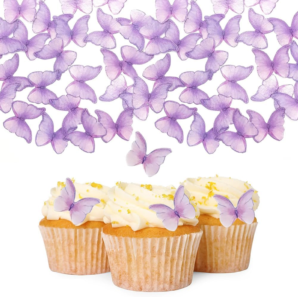 Edible Butterflies Cake Decorations,Geli 48 Pcs Purple Butterfly Cake Cupcake Toppers Wafer Paper Butterfly for Wedding Birthday Party image number 3