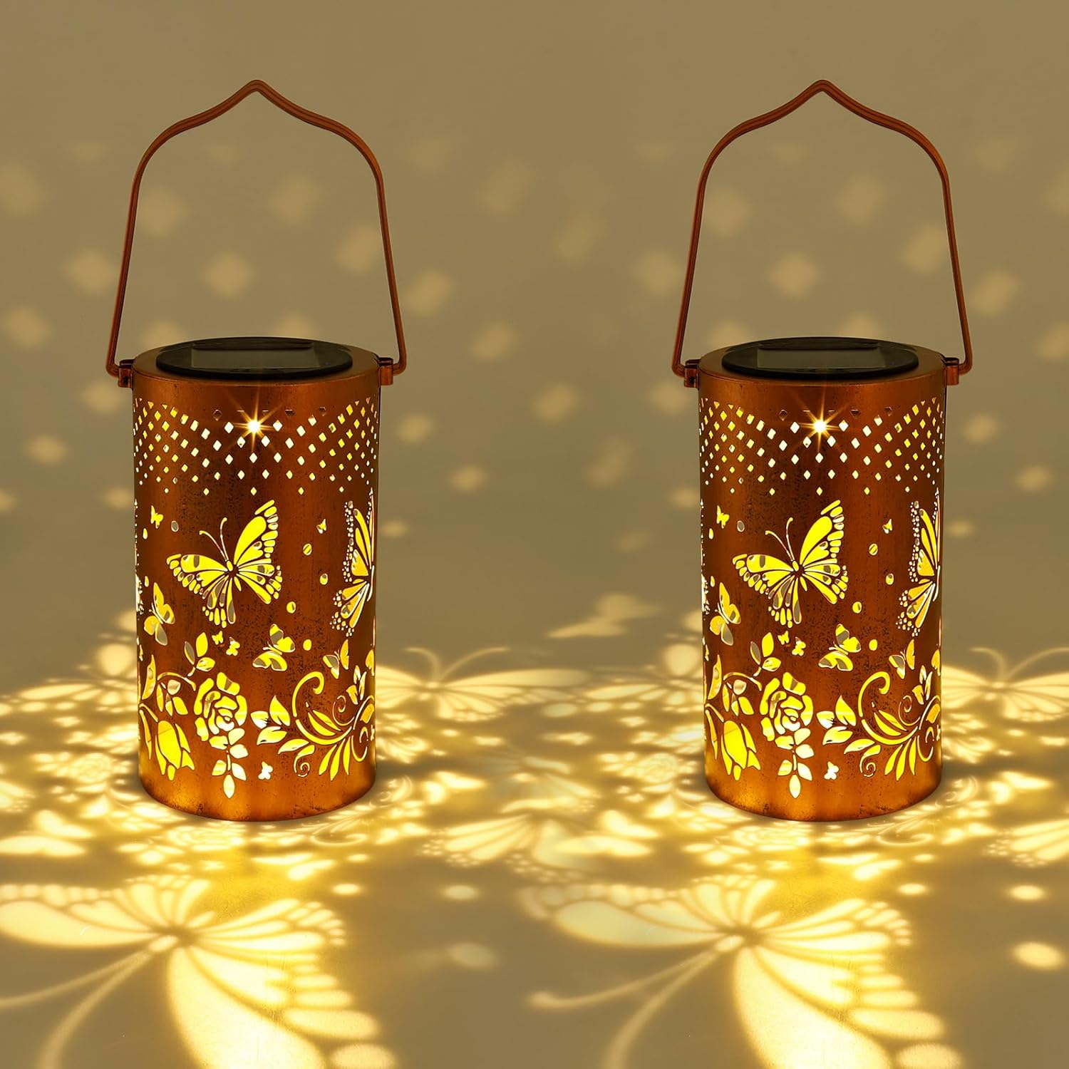 2Pcs Solar Lanterns, Outdoor Waterproof Hanging Solar Lights, Butterfly Hanging Lights, Birthday Gifts for Women Mom Grandma, Butterfly Garden Lanterns for Garden Yard Patio Porch (Style1)