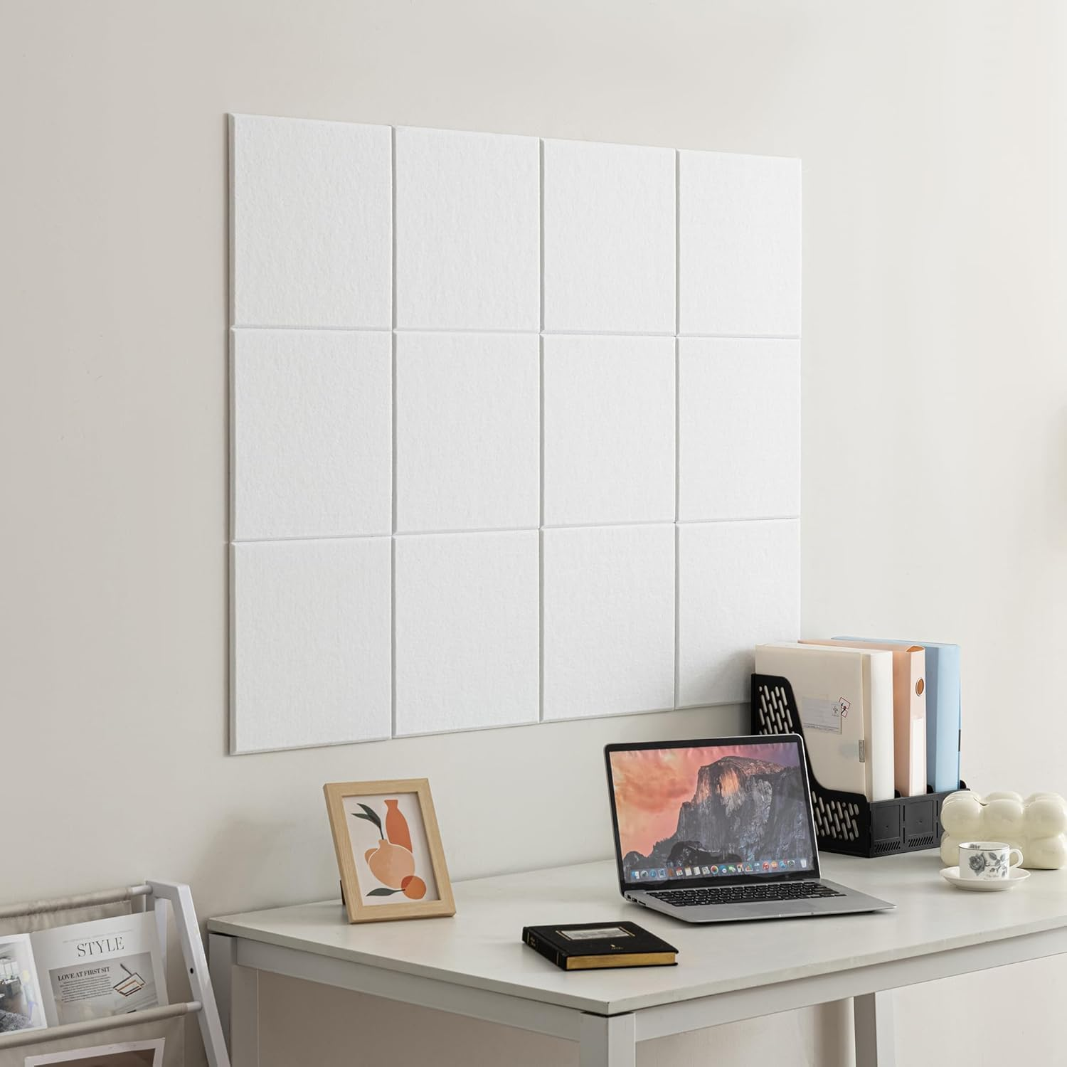 Homodoskey Large Cork Board Alternative - 12 Pack Felt Wall Tiles with Safe Removable Adhesive Tabs, Cork Board for Office Pin Board Tack Board 48 X 36 (White)