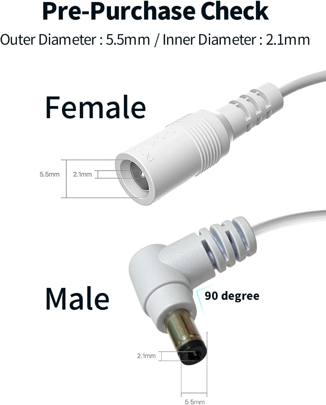 Tonton DC Power Extension Cable 2M 6.6FT 5.5Mm X 2.1Mm 90 Degree Right Angle Female to DC Male Power Adapter Cord for CCTV Security Camera Surveillance LED Strip DVR Router Guitar Effect Pedal (White) image number 7
