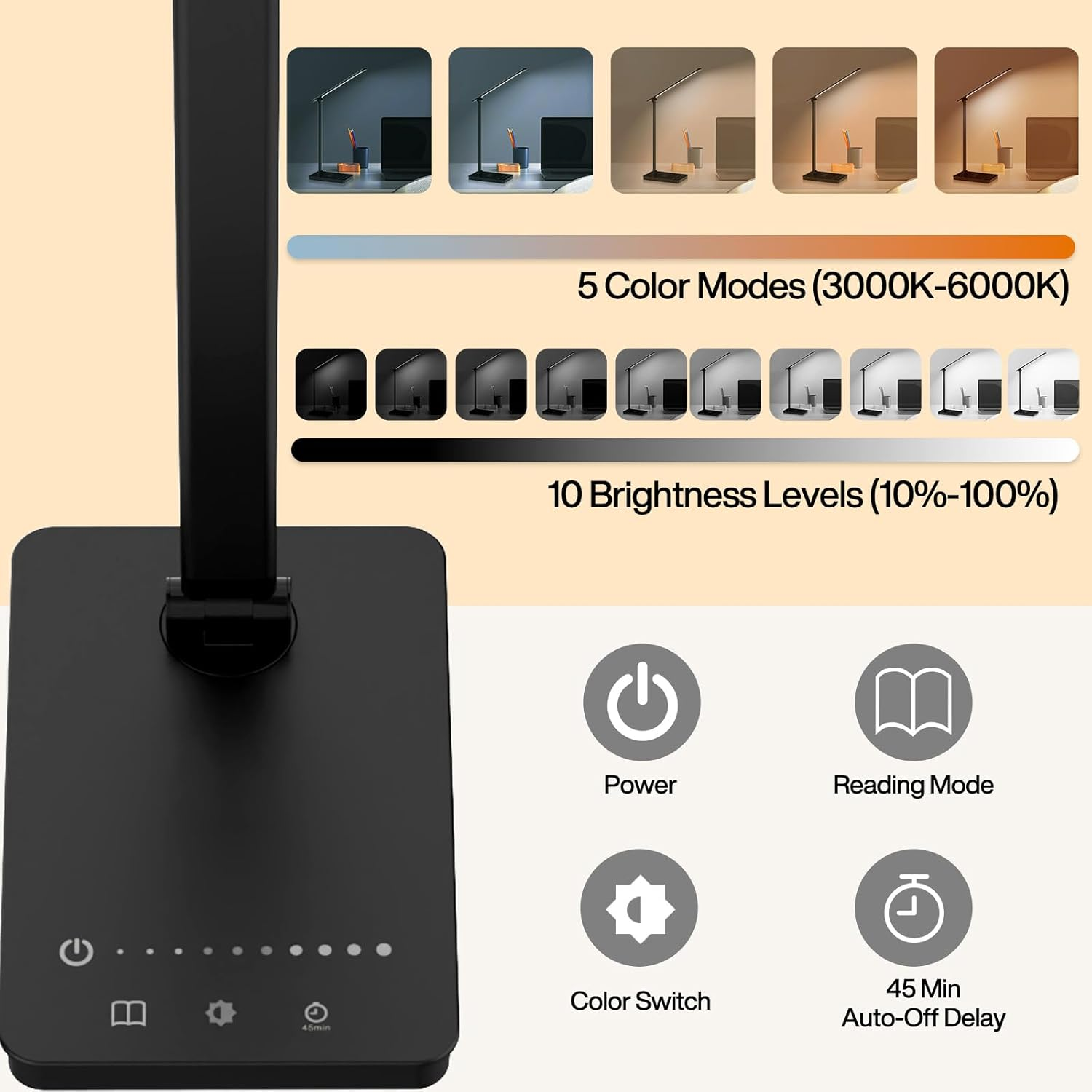 Aluminium Desk Lamp with LED Lighting, LED Desk Lamp with USB Charger Port, Built-In Timer,Foldable Table Lamp USB Plug, Eye Caring Reading Light for Office, Home, Dormitory Black image number 4