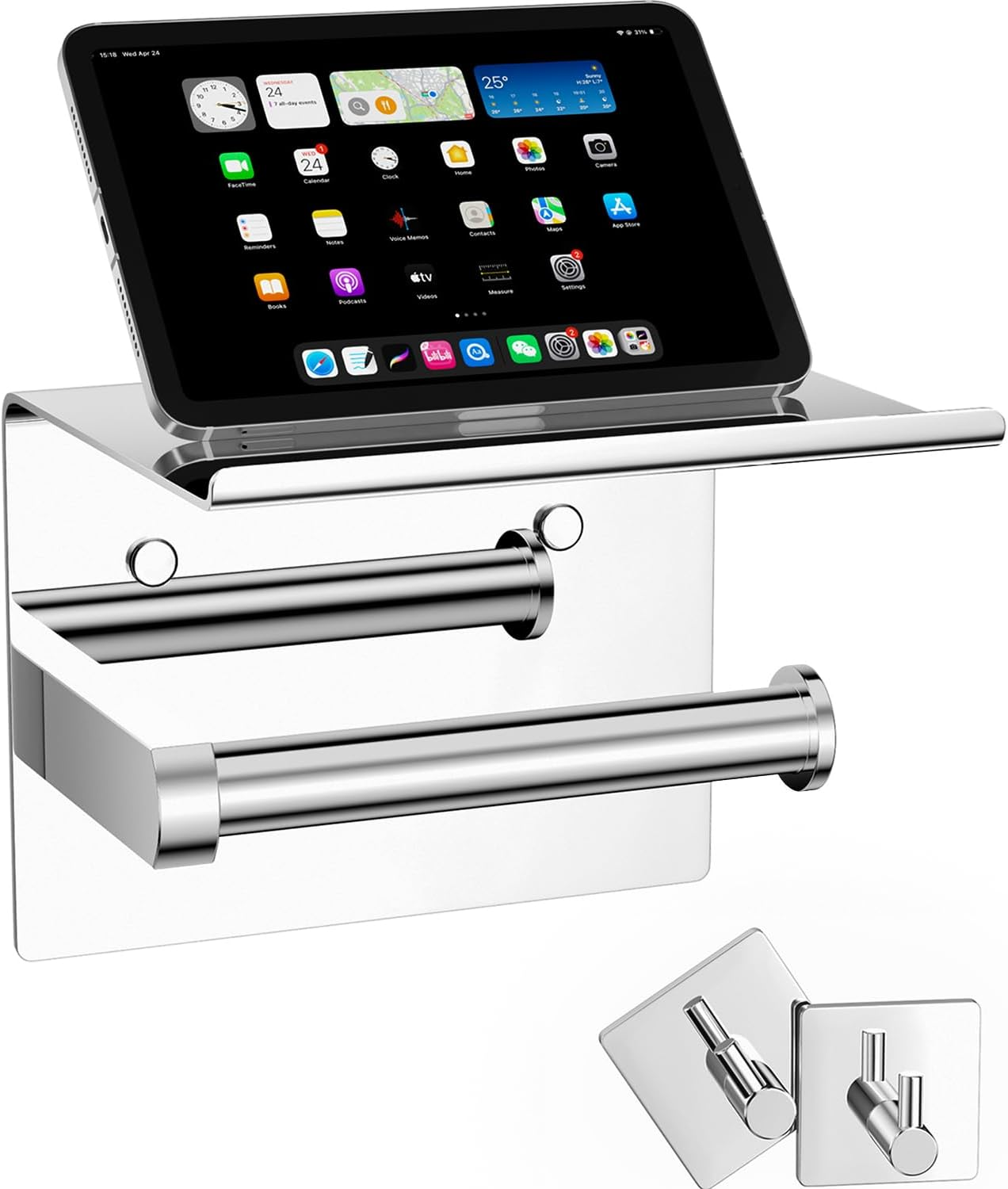 Tindbea Toilet Paper Holder with Phone Shelf + Towel Robe Hooks, Adhesive or Screw Wall Mounted Toilet Paper Roll Storage Dispenser, Stainless Steel Bathroom Tissue Roll Holder (Bronze) image number 3