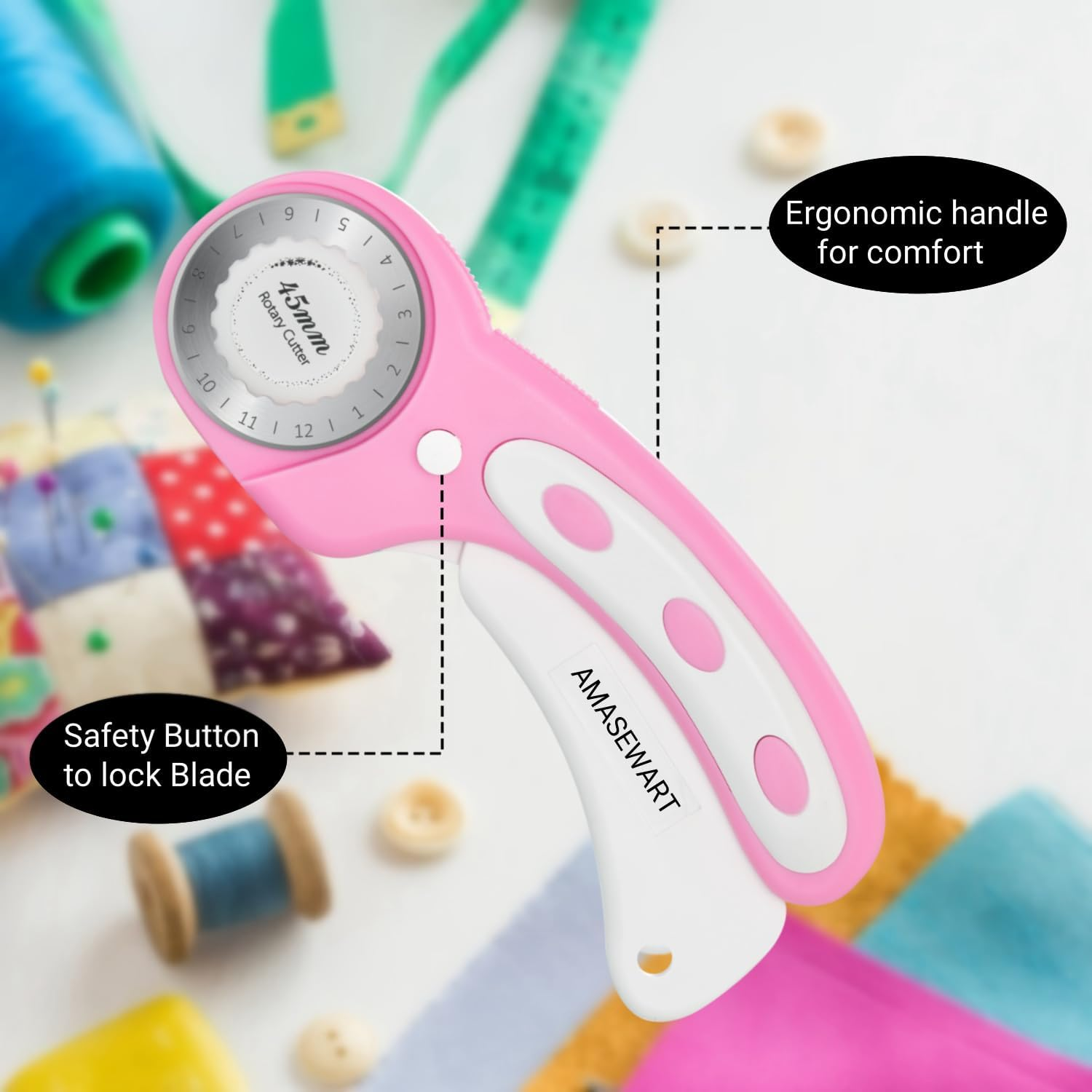 45Mm Rotary Cutter for Fabric with 8Pcs Rotary Blades, Rolling Fabric Cutter Crochet Edge Skip Stitch Blade Perforating Rotary Blade, Pinking Rotary Cutter for Quilting Crafts Sewing, Pink image number 1