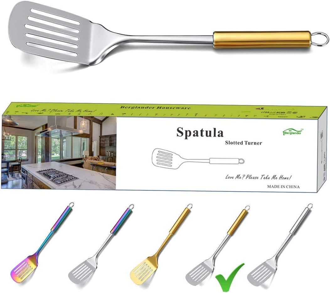 Berglander Spatula, Stainless Steel Gold Handle Slotted Turner, Golden Handle Spatulas with Titanium Plating, Kitchen Spatula for Cooking, Barbeque Turner, Spatulas for BBQ (Gold Handle)