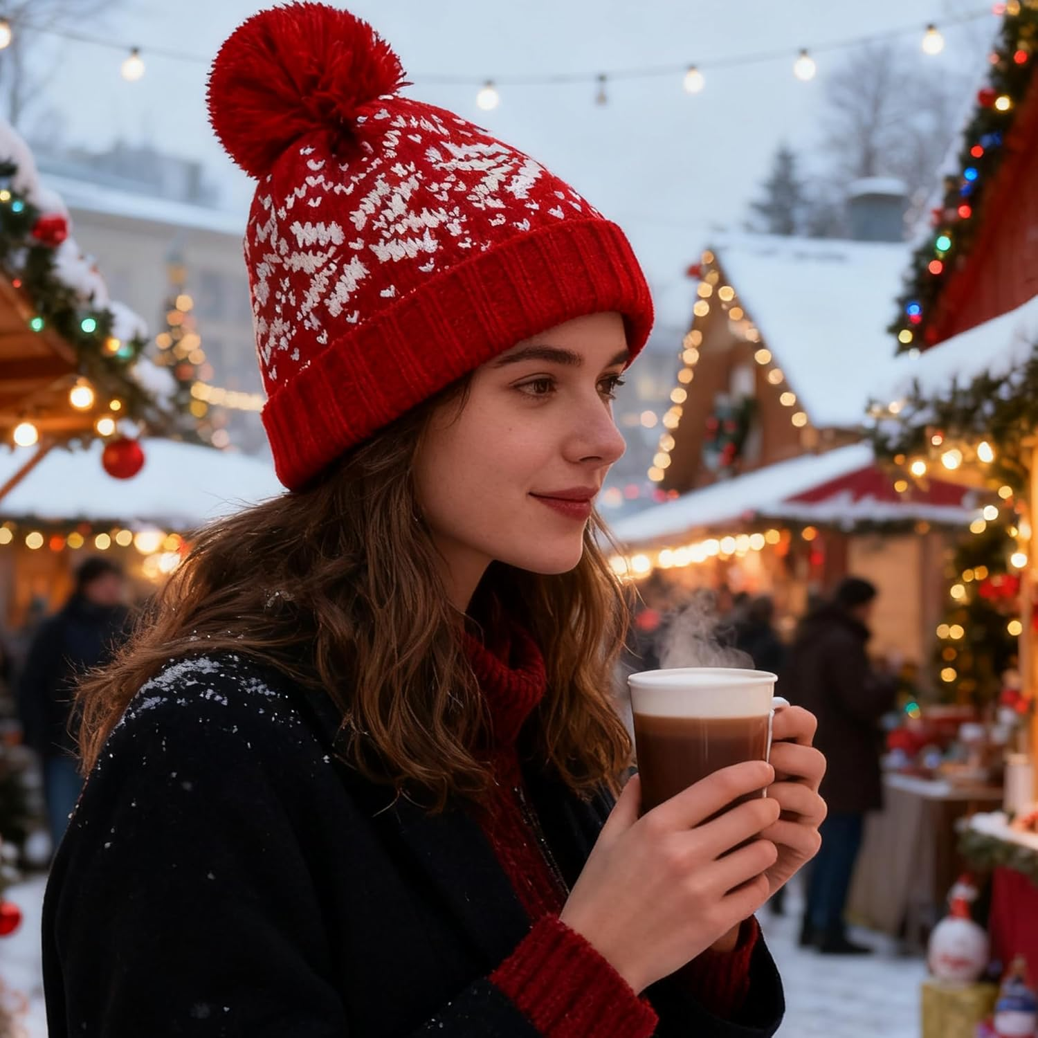 IZUS Christmas Snowflake Beanie-With-Pom-Poms for Women and Men - Red image number 4