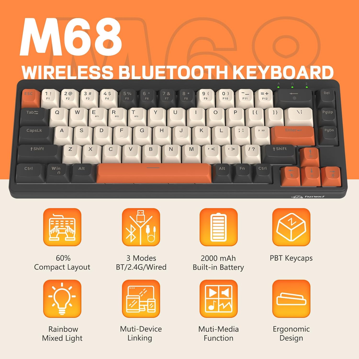 FREEWOLF M68 65% Wireless Gaming Keyboard,Bluetooth/2.4Ghz/ Wired Tri-Mode Silent Membrane Keyboard,Pbt Keycaps,2000Mah Rechargeable,67 Keys Rainbow LED Backlit PC Gaming Keyboard for Win/Mac-Shimmer