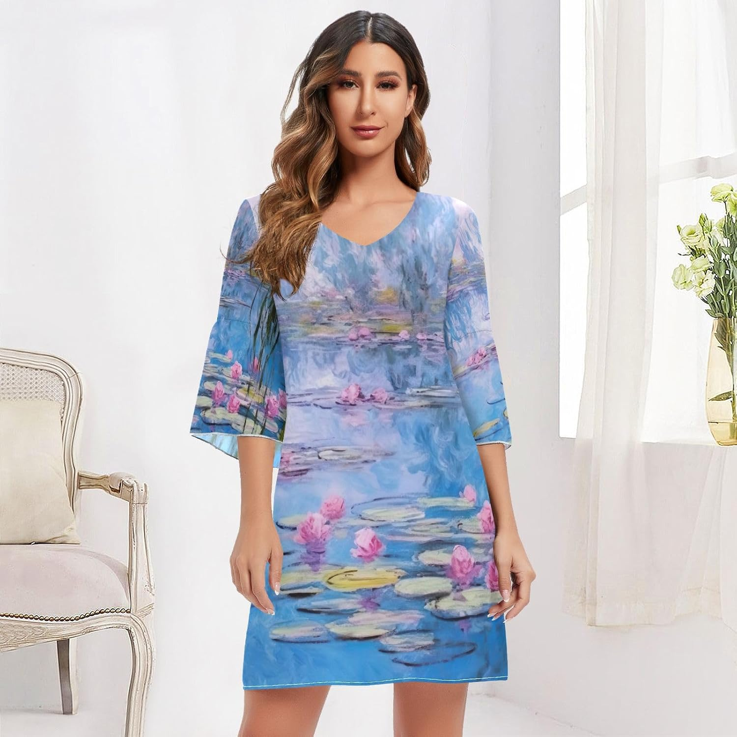 Water Lilies Scene Chiffon V Neck Dress Printed Maternity Dress Party S-XXL image number 4