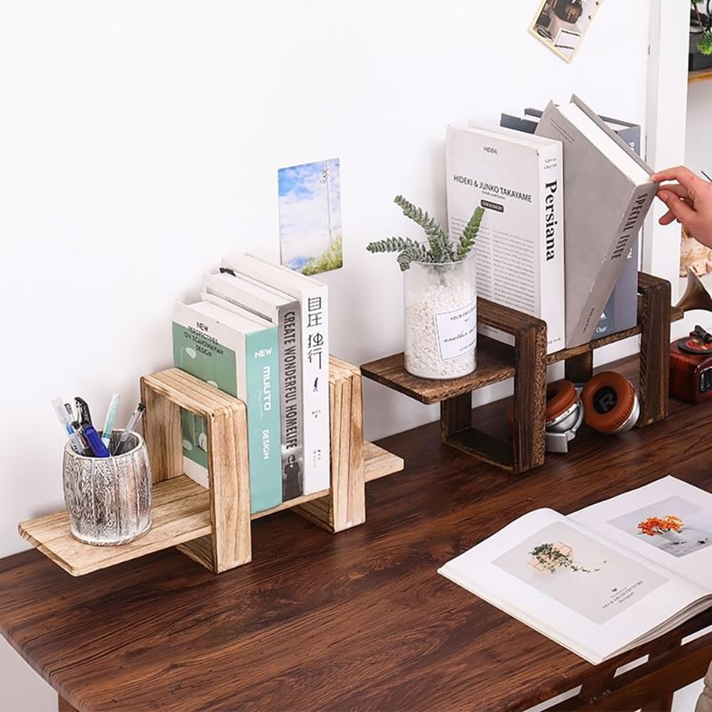 Hbluefat Adjustable Desktop Bookshelf, Retro Small Wood Tabletop Bookbookcase, Home Office Desk Orgnizer Shelf for Magazine, Books, Cds (Wood) - Wood image number 4