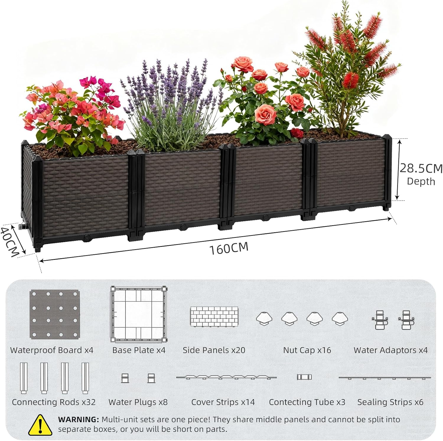 Large Raised Planter Box 160X40X36Cm, Self Watering Garden Bed, Deep Elevated Planter with Rattan Pattern, Weather Resistant PP, Perfect for Patio Balcony Deck image number 4