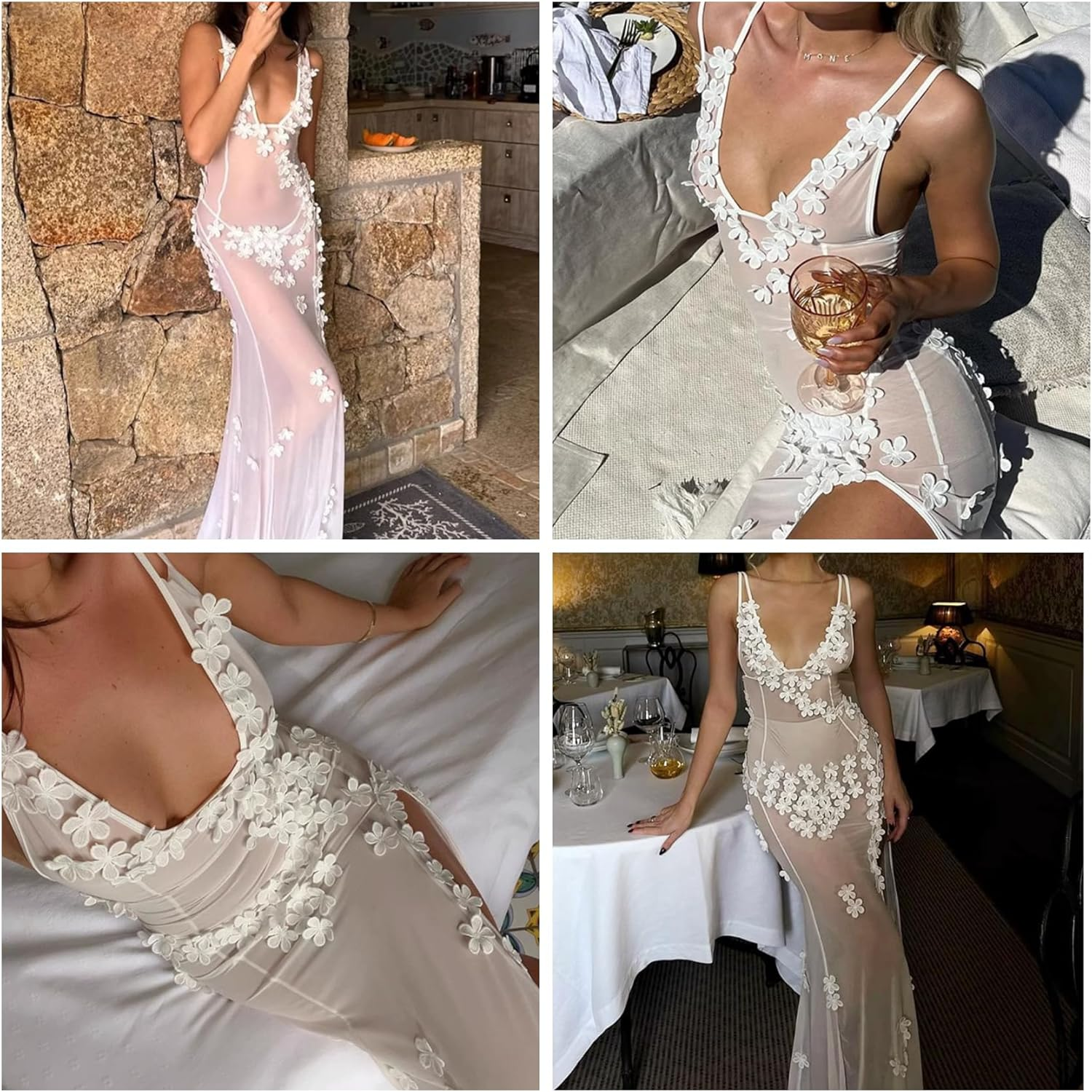 RARITYUS Women Sexy See through Lace Maxi Dress Floral Applique Maternity Bodycon Dress Vacation Beach Cover up Dresses image number 6