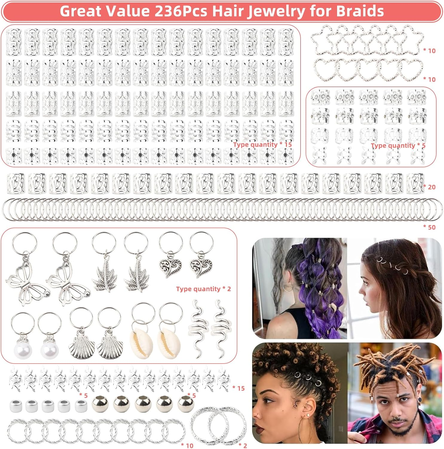 Pack of 236 Dreadlocks Jewellery, Hair Spiral Clips, Dreadlocks Accessories, Jewellery Hair Spiral Clips, a Variety of Fashion Styles, for Decorating Women'S and Men'S Hair - 236 Pieces image number 7