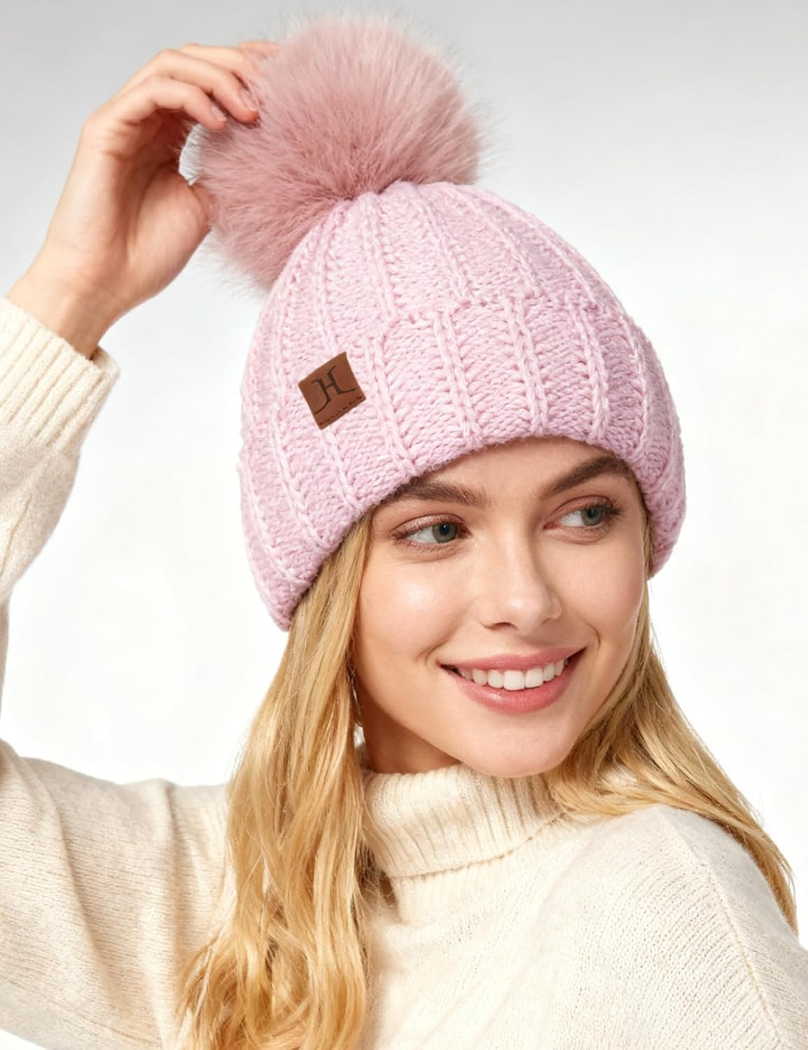 Womens Winter Hat with Pom Pom, Knit Fleece Beanie Hats for Women Cold Weather, Warm Toboggans Cap - Black image number 2