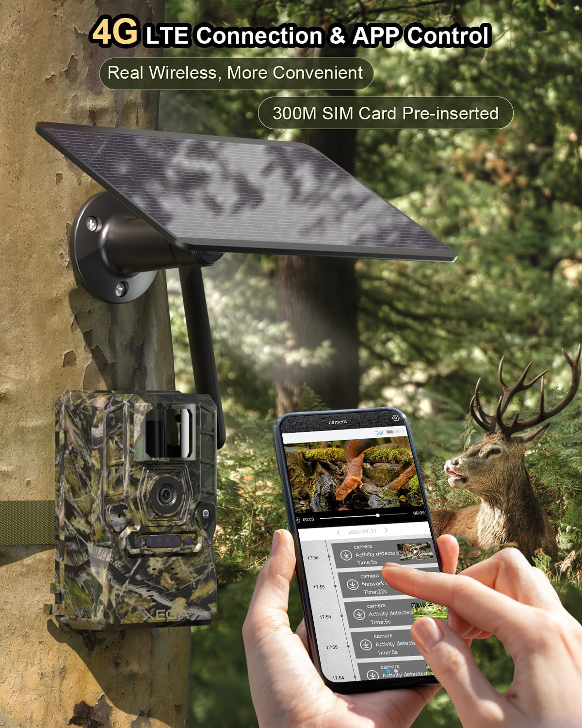 Xega 4G SIM Card Solar Wildlife Camera with Live Feed, 2K GPS No Glow 940Nm Night Vision Trail Trap Hunting Cam, 7800Mah Motion Detection APP Instant Alarm Spotlight Siren Alert, Cloud/Tf Storage,Ip66 image number 1