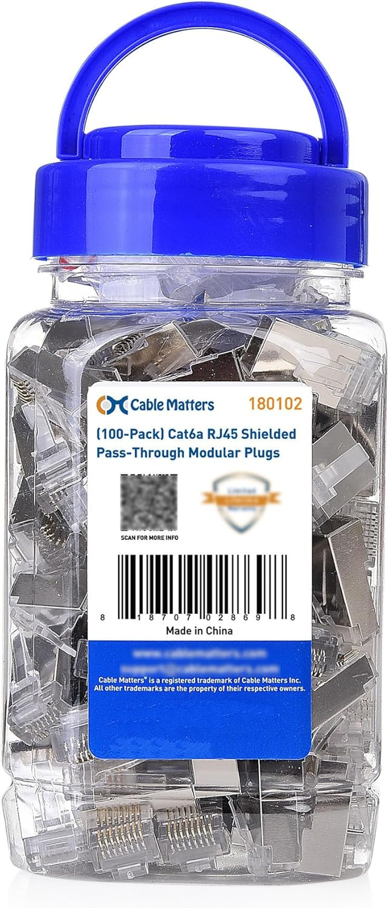 Cable Matters 100-Pack Cat 6A Shielded Pass through RJ45 Connectors (Cat 6A Ends / Cat6A Connector / RJ45 Modular Plugs/Ethernet Plugs/Network Connector) for Solid or Stranded S/FTP Ethernet Cable image number 4