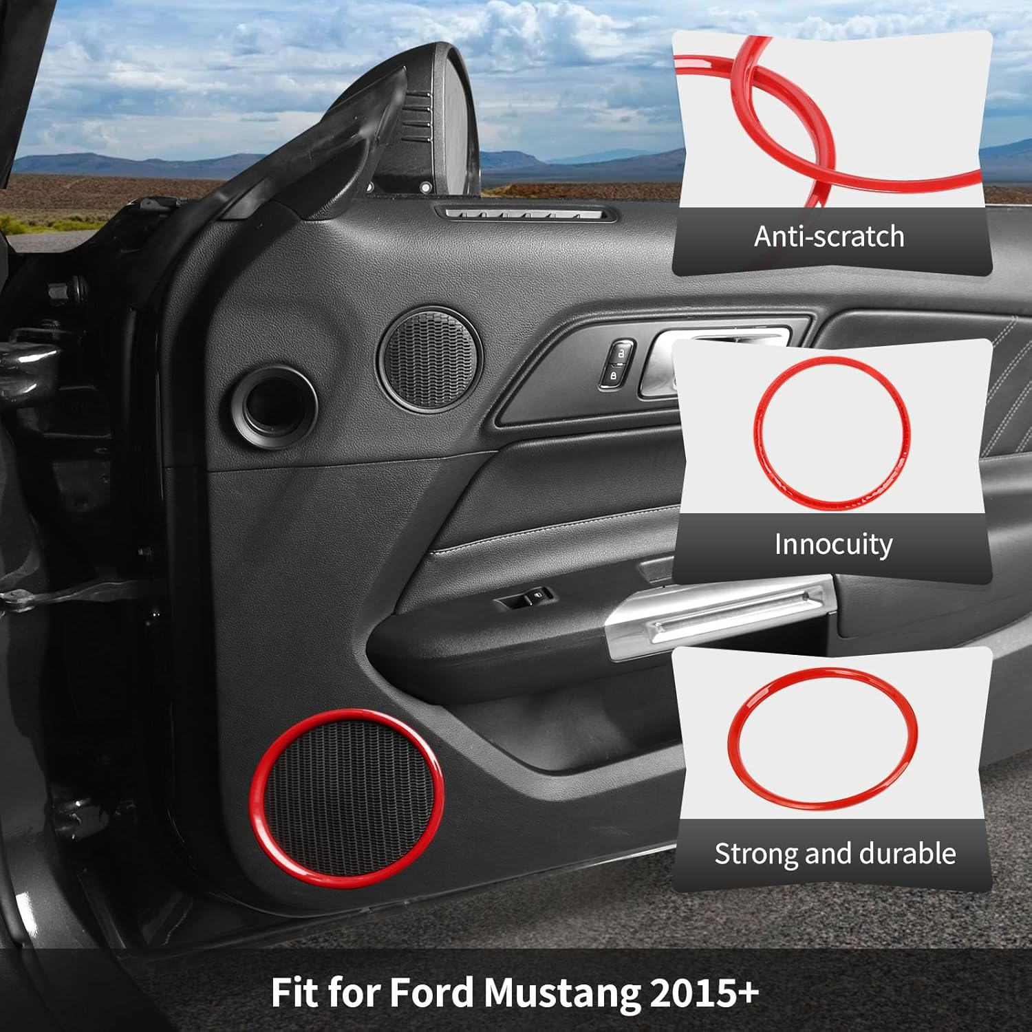 Cherocar Fit for Ford Mustang Interior Accessories, Front Door Speaker Ring Cover Accessories, Door Speaker Ring Trim Cover for Ford Mustang 2015 2016 2017 2018 2019 2020 2021 2022 2023 2024 2025+ image number 4