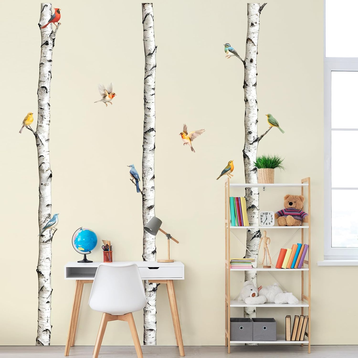 95" Tall Birch Tree Wall Decals 3 White Aspen Trees Flying Birds Wall Stickers Peel and Stick Birch Trunk Wall Art Decor for Bedroom Living Room Kitchen Sofa TV Backdrop Wall Decoration