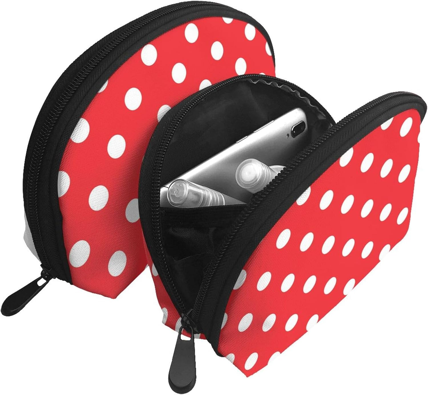 Cozimangoe Coin Pouch Makeup Bags Set, 2 Piece Shell Shape Cosmetic Bag with Pockets for Daily Travel Handbag Lipstick Keys Toiletry, Personalized Print White Polka Dots on Red image number 6