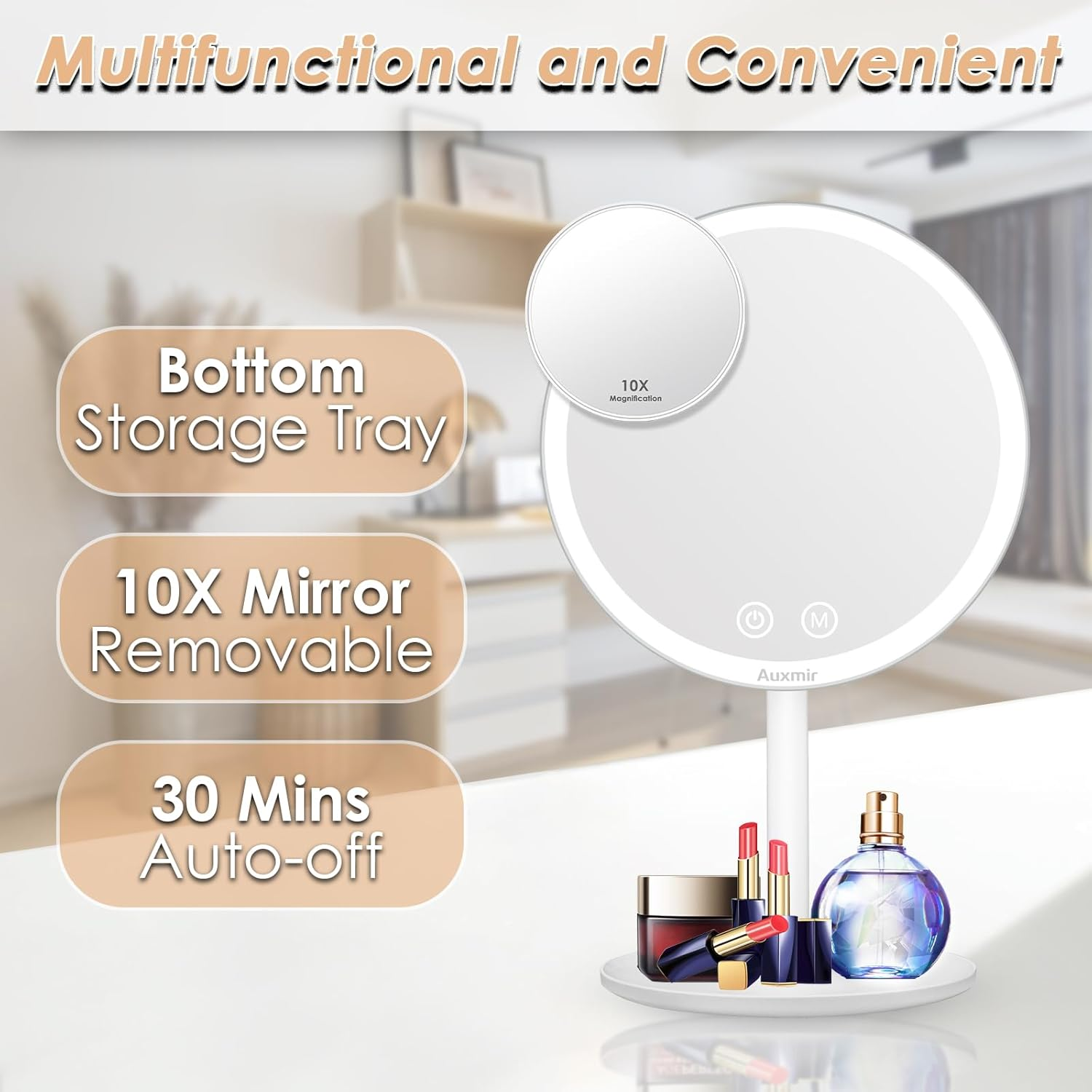 Auxmir Cosmetic Mirror 1 X with Small 10 X Illuminated Makeup Mirror with 46 Leds 3 Light Colours and Dimmable Brightness, USB Rechargeable Table Mirror Touch Switch Makeup Mirror 90&deg; Swivelling