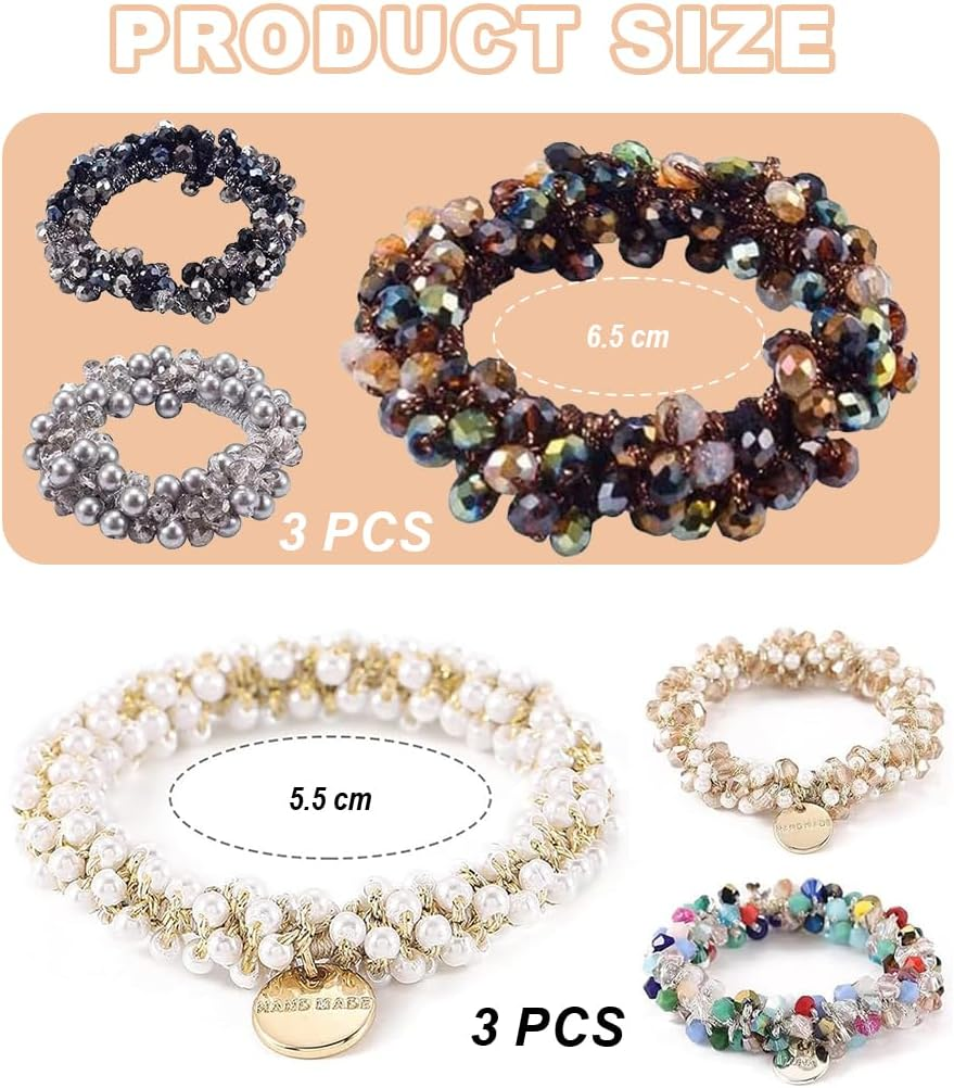 Bangbobi - Set of 6 Crystal Scrunchies - Women'S Hair Scrunchies with Beads - Elastic Hair Band - Hair Accessories for Women and Girls - Scrunchies Pearls Rhinestone - Suitable for Any Occasion image number 6