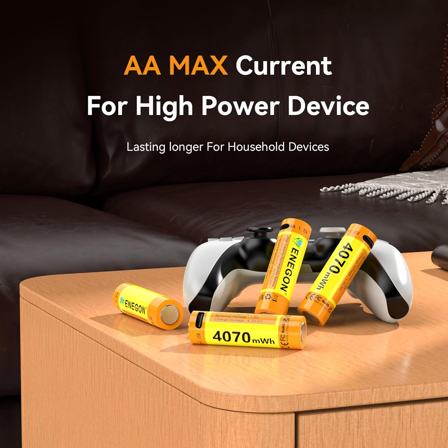 ENEGON AA Rechargeable Batteries 4-Pack, 1.5V 4070Mwh High Capacity Lithium-Ion Battery, Fast Charging in about 2 Hours, Type-C Cable Included, Constant Voltage Output. image number 6