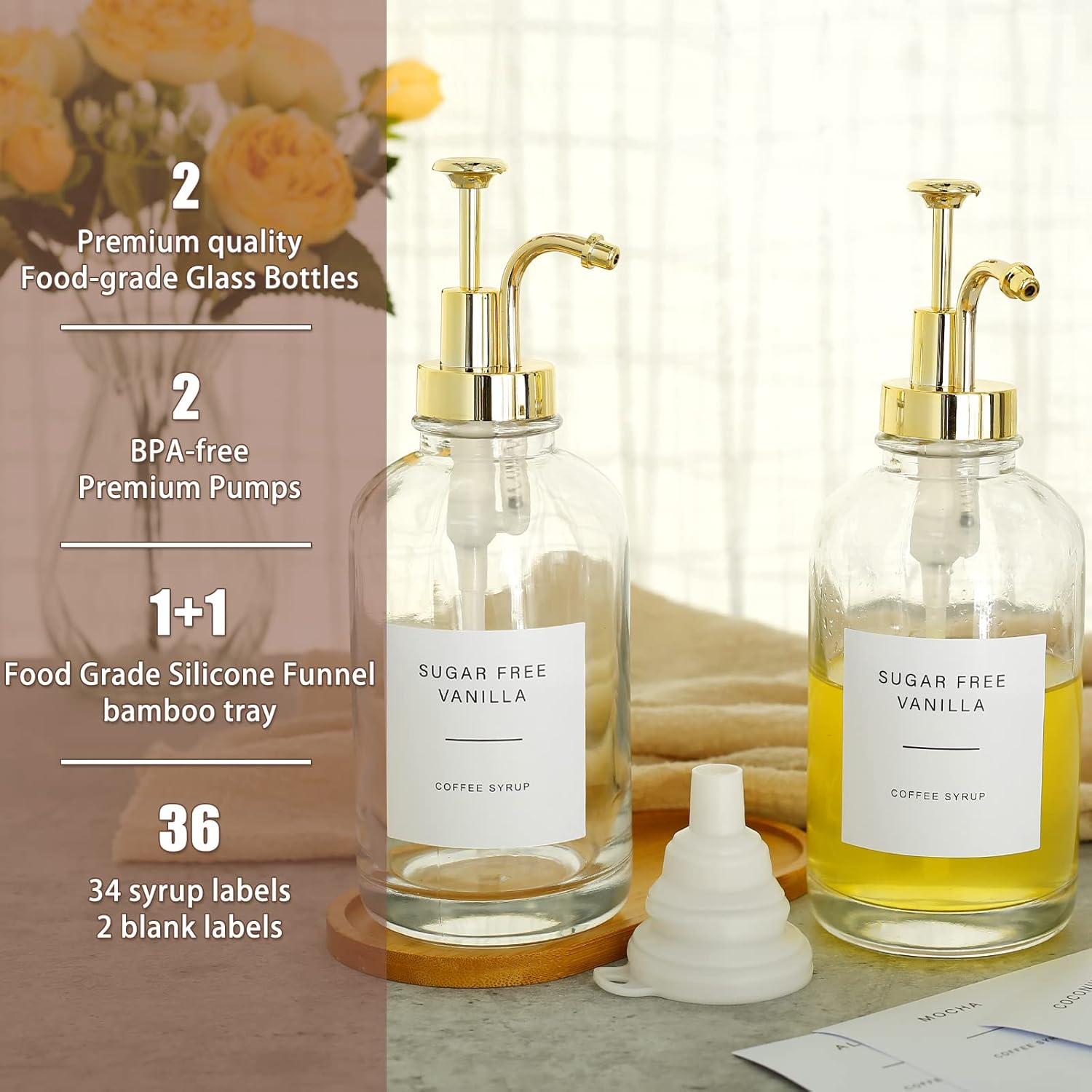 2 Pcs Glass Syrup Bottle with Pump-500Ml/16.9Oz, Dispenser Set with Bamboo Tray Labels Funnel, Clear Syrup Pump Dispenser, Bottle for Coffee Bar Home 3.2 X 8.7In (Gold) image number 3