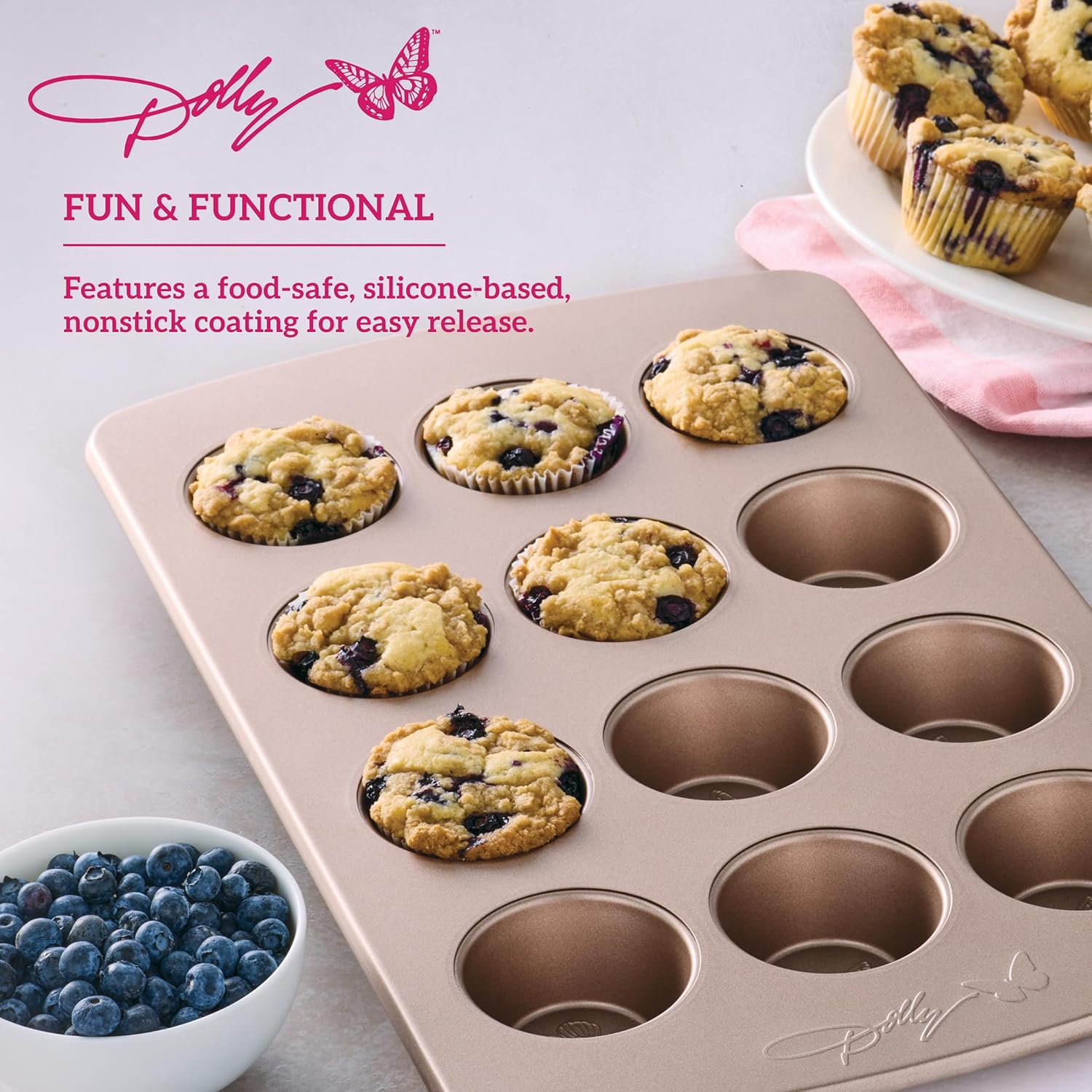 Dolly Parton Butterfly Stamp 12-Cup Muffin Pan &ndash; Carbon Steel Nonstick Bakeware with Textured Butterfly Design, Durable Rolled Rim, Oven Safe to 450F, Perfect for Muffins, Cupcakes and Mini Quiches image number 4