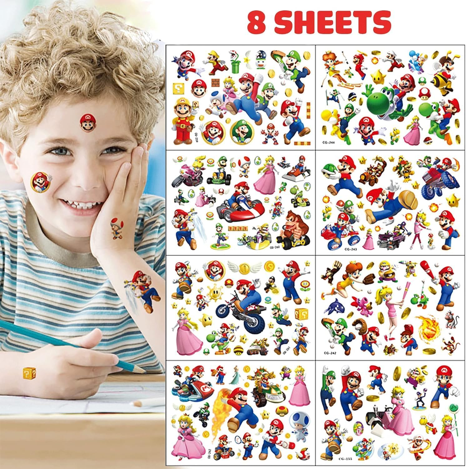 TAIMOWEI Super Mario Temporary Tattoos for Kids(8 Sheets) Cute Fake Tattoos Stickers for Birthday Party Supplies Favors image number 5