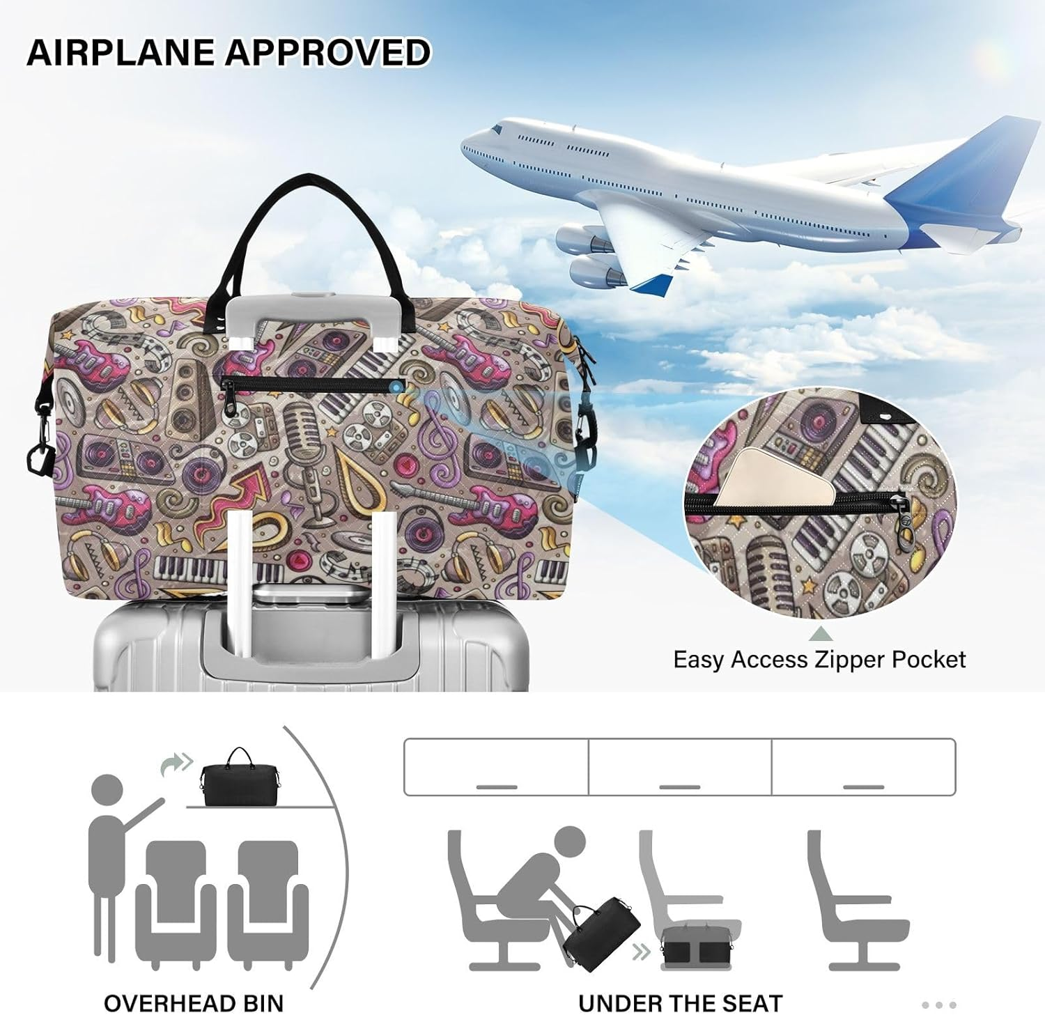 Color Guitar Sound Personal Item Travel Bag Travel Weekender Gear Bag Sports Tote Gym Bag with Adjustable Strap for Travel Multifunctional, Color Guitar Sound, 1 Size image number 6