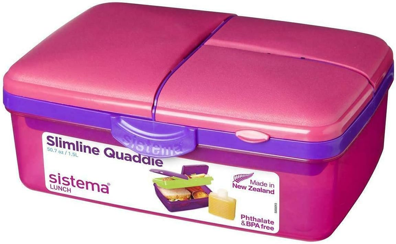 Sistema Lunch Slimline Quaddie Lunch Box with Water Bottle | 1.5 L Air-Tight and Stackable Food Storage Container | Assorted Colours image number 4