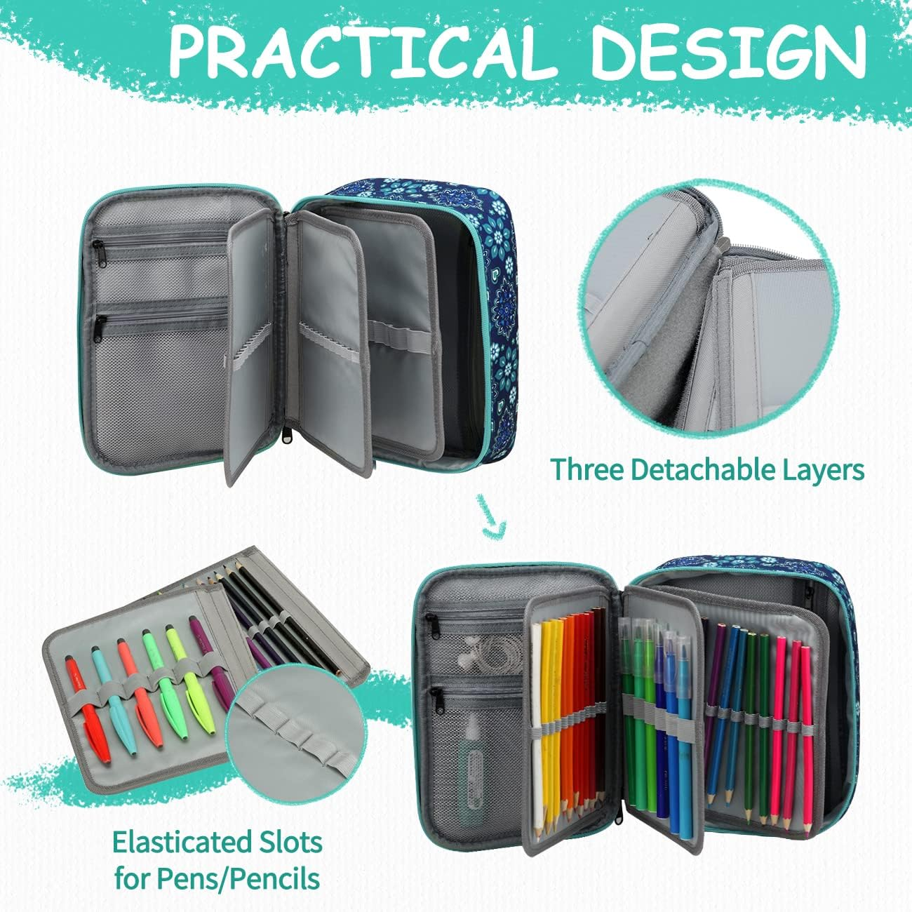 Large Pencil Case,Vaschy Art Supply Marker Organizer Big Pen Pouch with 3 Detachable Layers Slots Multiple Zipper Pockets for Kids Adults School Office Blue Snowflake - Black image number 7